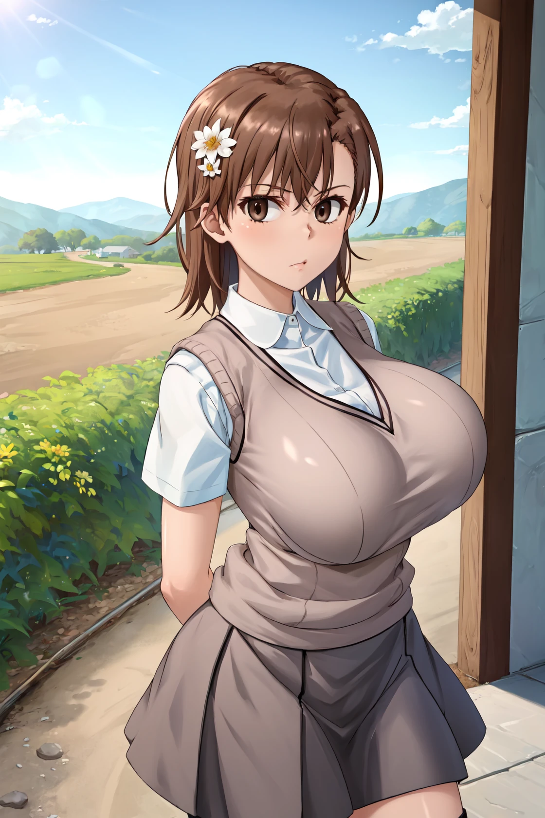 masterpiece, best quality, outdoors, forest,
GiganticAi, misaka mikoto, 1girl, solo, looking at viewer, cowboy shot, short hair, brown hair, brown eyes, flower, hair flower, hair ornament,
school uniform, sweater vest, shirt, skirt, white shirt, v-neck, short sleeves, alternate breast size, plump, gigantic breasts,
<lora:Gigantic_1024:1>, looking at viewer, cowboy shot, arms behind back, outdoors, <lora:LoRA_Misaka:1>,