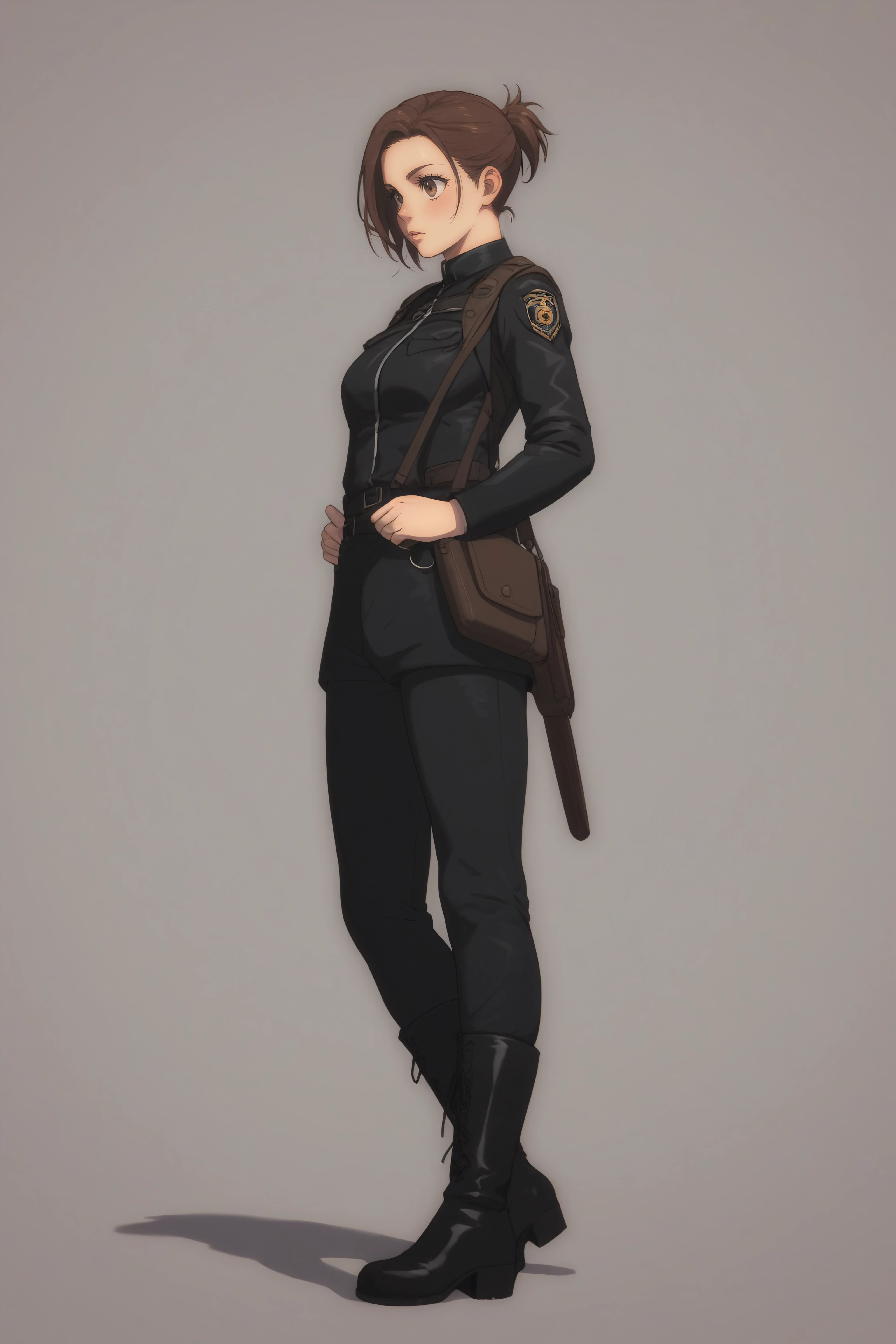 score_9, score_8_up, score_7_up, BREAK source_anime, <lora:Sasha Blouse-PonyXL-lora-Faxtron:0.8> sasha blouse, brown eyes, brown hair, short ponytail, medium breasts, black paradis military uniform, black pants, boots, standing,