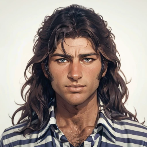 1boy, man, solo,( mikebrant:1.2), looking at the viewer, focus on face, portrait, long hair, shirt, simple background, BREAK, <lora:Mike_Brant:1>