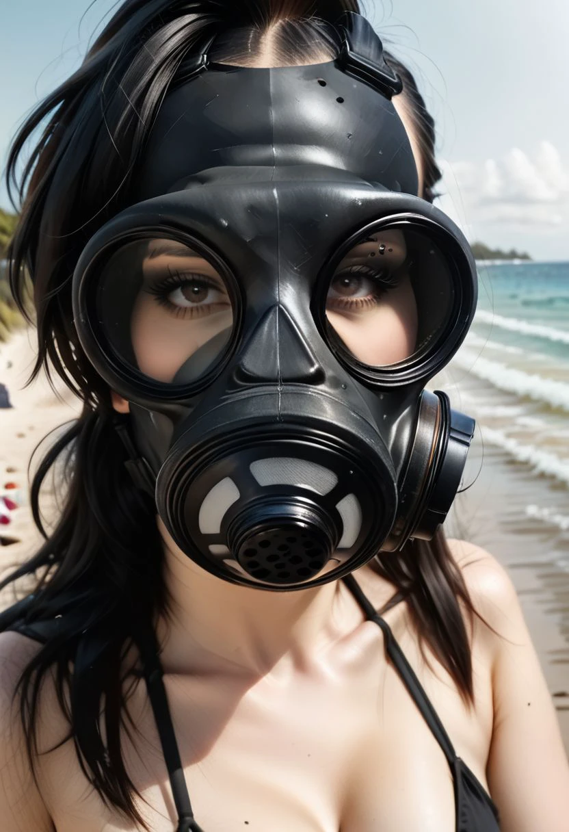 solo, goth, woman, bikini, ((gasmask)), beach, perfect light, digital art, close-up, blurry background