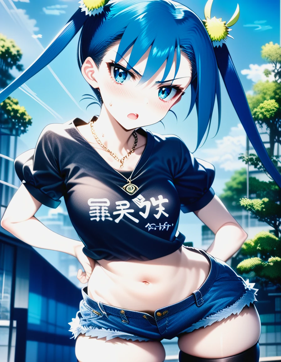 (score_9, score_8_up, score_7_up, score_6_up, perfect eyes),Hibachi,1girl,solo,long hair,breasts,looking at viewer,blush,open mouth,blue eyes,shirt,hair ornament,thighhighs,navel,twintails,jewelry,blue hair,collarbone,short sleeves,thighs,cowboy shot,sweat,outdoors,sky,shorts,day,midriff,black thighhighs,necklace,stomach,aqua eyes,tree,crop top,v-shaped eyebrows,hand on hip,black shirt,short shorts,skindentation,thigh gap,denim,t-shirt,building,clothes writing,blue shorts,denim shorts,cutoffs,<lora:Hibachi-pony-xl:1>,