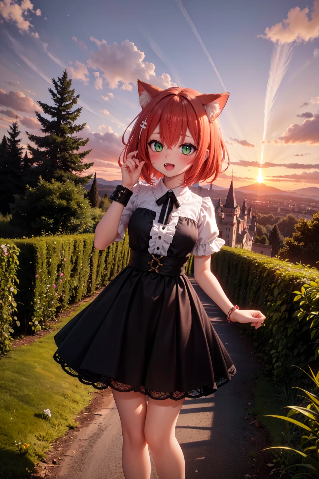 (best quality, absurdres, 1girl, solo:1.2), :d, happy, cat ears, ginger hair, red hair, (very short hair, messy hair:1.4), fangs, green eyes, (blush, looking at viewer:1.2), (sunset:1.4), starry sky, (forest, medieval, fantasy, castle, mansion, outdoors, standing, tsurime:1.2), path, sundress, wristband, dynamic pose, slit pupils, <lora:slitpupils:1>, flowers,