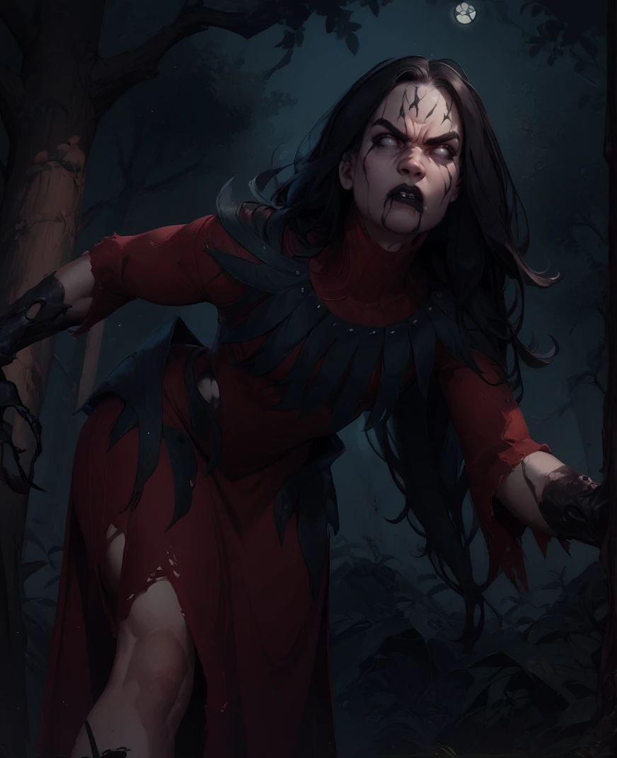 score_9,score_8_up,score_7_up,score_6_up,
artistxl,long hair,white eyes,facial mark,dark lips,black claws,
torn clothes,red dress,angry,  leaning forward, 
looking at viewer,
standing,from below,
woods,night,
<lora:Artist:0.9>,