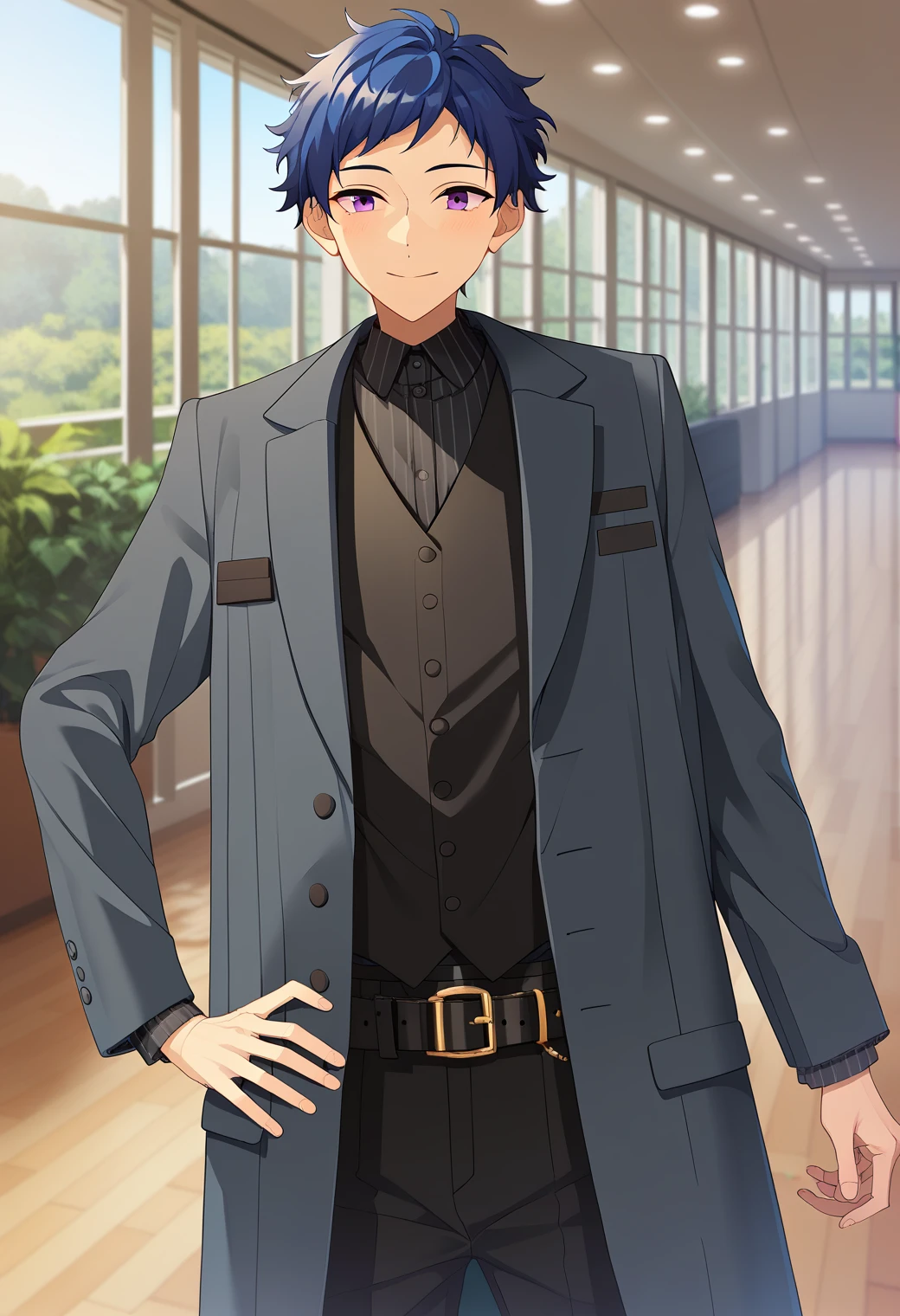 score_9_up, score_8_up, score_7_up, score_6_up, score_5_up, score_4_up, best quality, amazing quality, best aesthetic, absurdres, cute, solo,yuzuru fushimi, blue hair, purple eyes, gray suit, black vest, gray jacket, black pants, belt<lora:EMS-358785-EMS:1.000000>