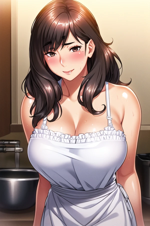 (masterpiece, best quality, detailed background),(perfect face),Washimiya_Takami,1girl,cleavage,surprised,naked apron,kitchen,cowboy shot,<lora:Washimiya_Takami-10:0.6>,