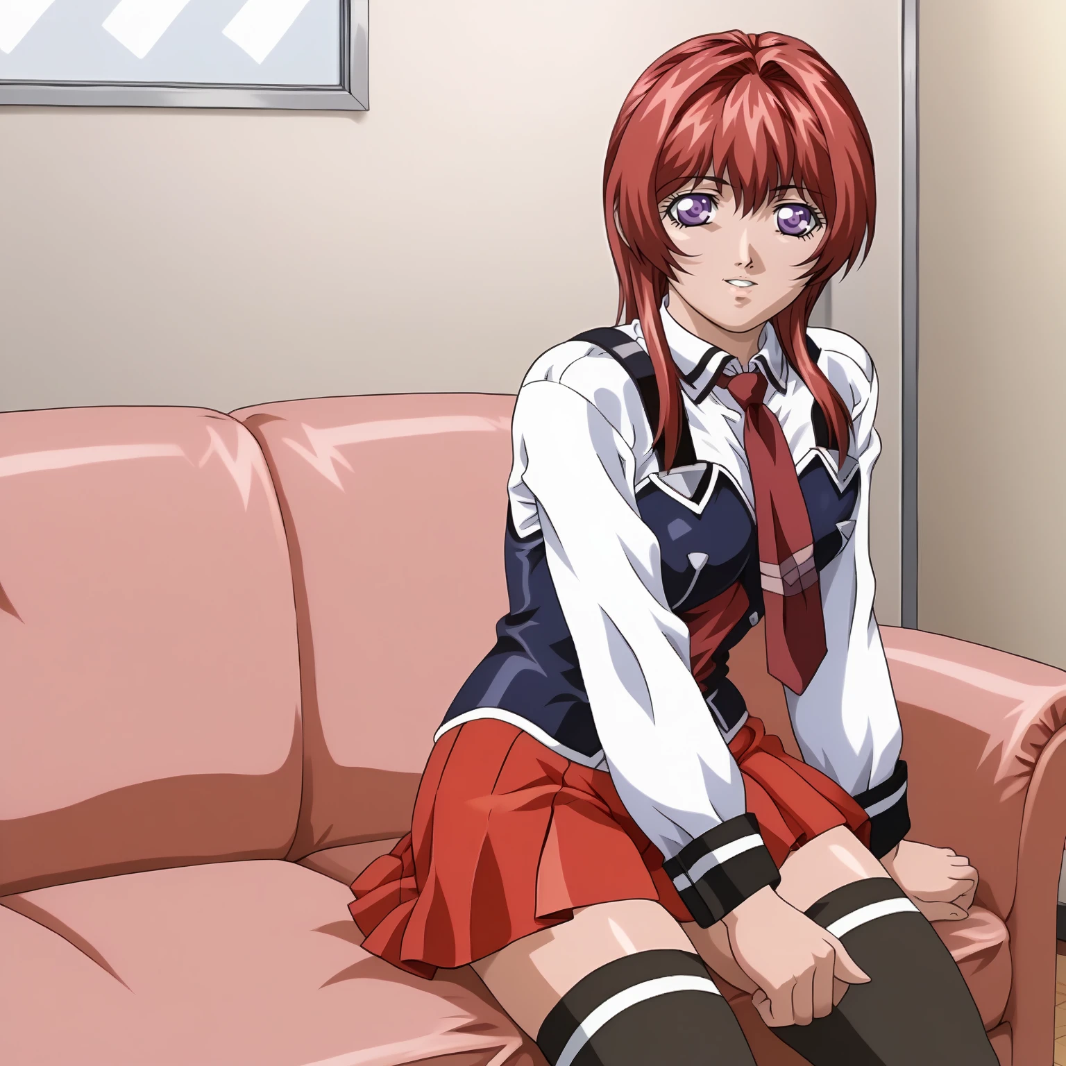 <lora:HirokoTakashiro12YAXLpony004>,smile,parted lips,
solo,
HirokoTakashiro12YA,1girl,red hair,mallet hair,purple eyes,
school uniform,white shirt,strap,vest,red tie,
red skirt,
thighhighs,
standing,sitting,sofa,