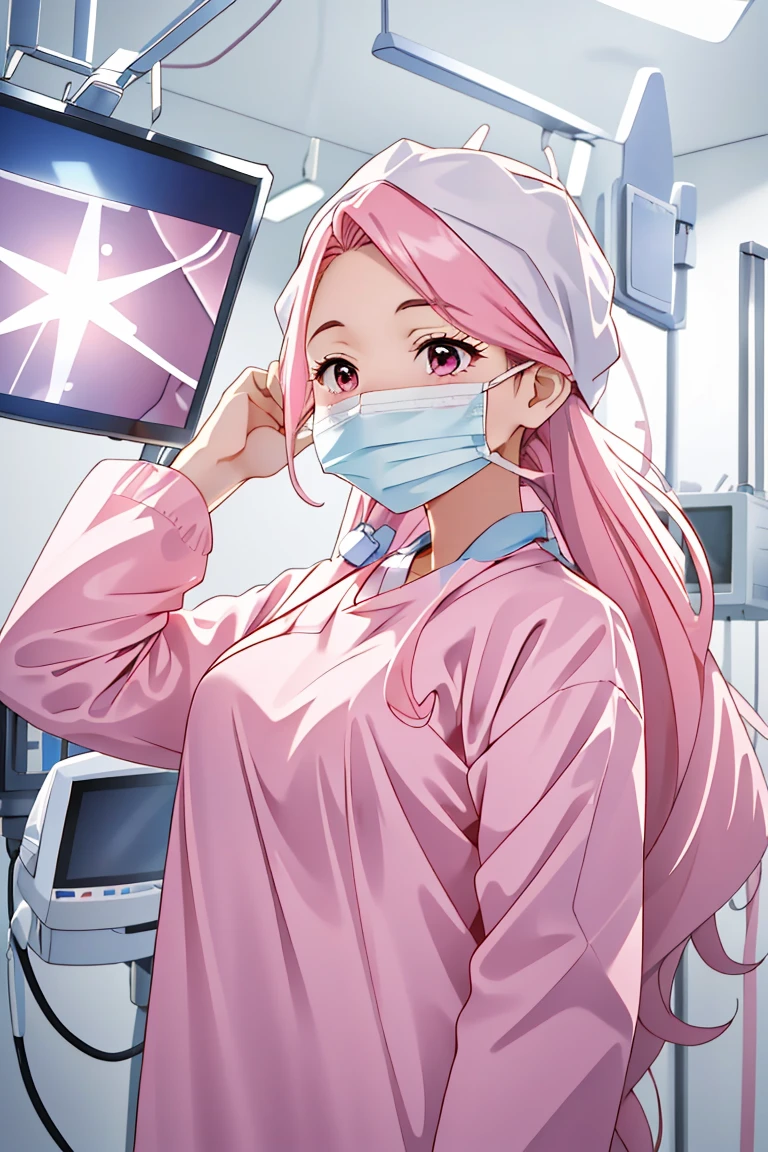 1woman, solo, nurse, white nurse cap, white nurse uniform, ((white legwear, zettai ryouiki)), white gloves, pink hair, green eyes, drooping eyes, ((white surgical mask, covered nose)), standing, ((hospital room)), sharp outline, short sleeves, mature female, 32 years old, best quality, masterpiece