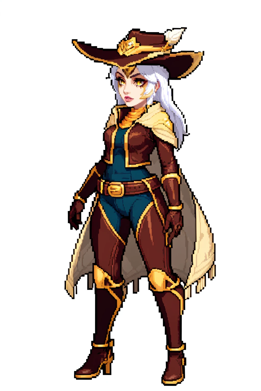 (white background:1.4),simple background,pixel,pixel art, 1girl, hnashe, white hair, long hair, yellow eyes, makeup, lipstick, belt buckle, boots, gloves, brown jacket, cape, cowboy hat, solo, standing   <lora:pixel_f2:0.5> <lora:HighnoonAshe:1>