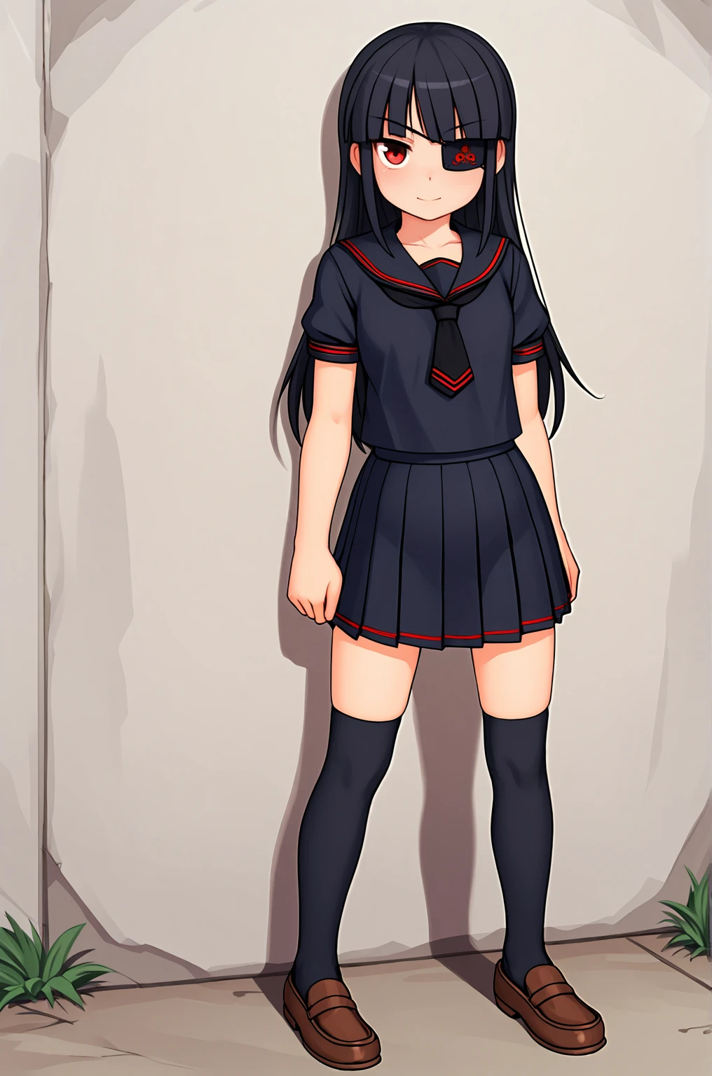 anime artwork, score_9, score_8_up, score_7_up, score_6_up, score_5_up, score_4_up, source_anime, BREAK, thick outline, fat outline,
Mirai_XL, long black hair, eyepatch, red eye, small breasts, BREAK, Mirai_hebijo, school uniform, black sailor collar, black tie, black serafuku, black shirt, black pleated skirt, short sleeves, black legwear, brown loafers, BREAK, outdoors, Leaning against the wall with back,
<lora:Mirai_XL:0.7>
<lora:PersonalAmi_PonyXL:1.0>