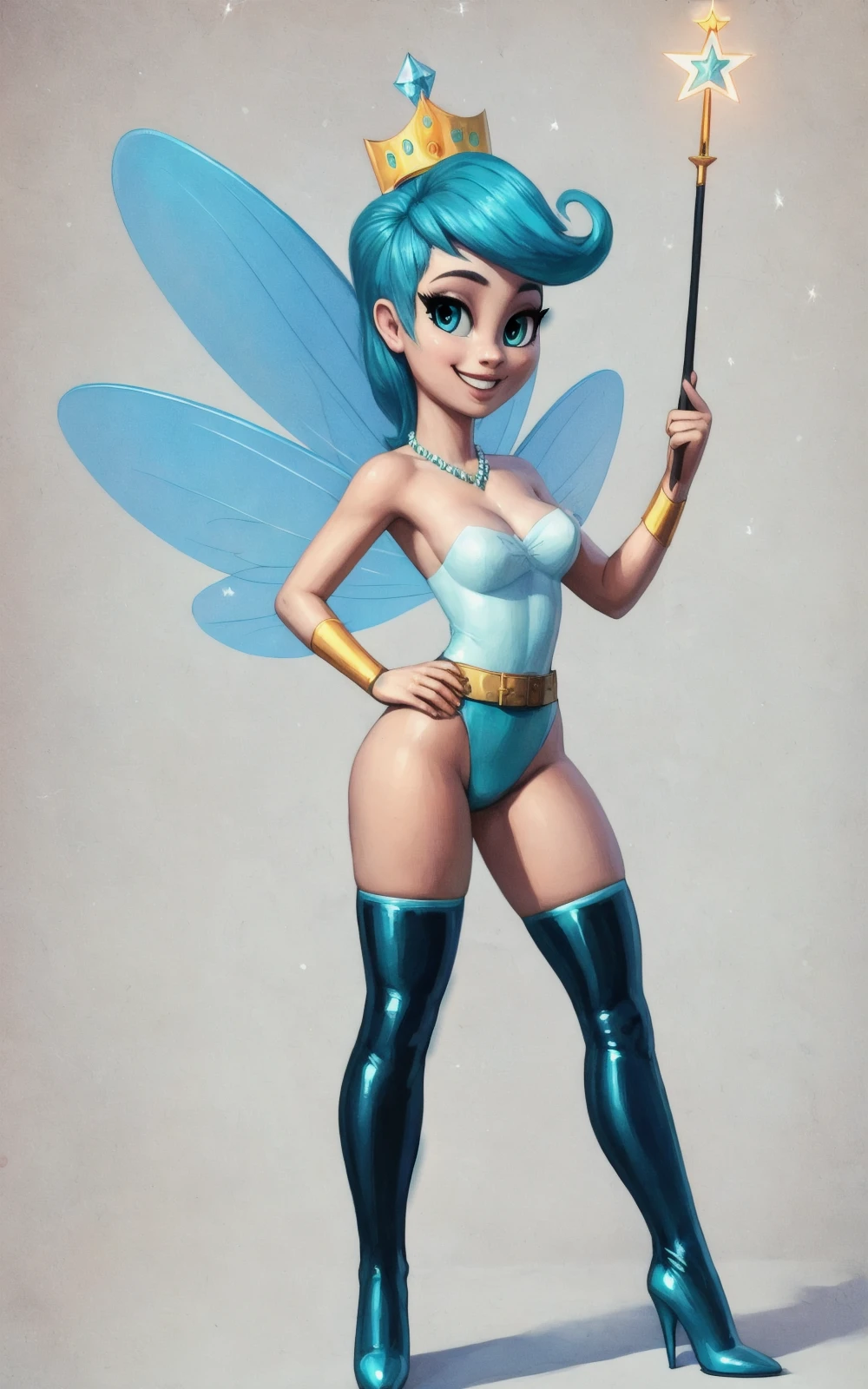 8k.4k,((Best quality, masterpiece, ultra high resolution)),((full body)),sitting,by pixelsketcher, <lora:Tooth Fairy:1.1>,Tooth Fairy,human, small wings, aqua hair, crown, leotard, jewelry, necklace, thigh boots,aqua eyes,aqua footwear,(( holding money)),crown,topless,nipples,smile, smug, grin,((money:1.3,coins))