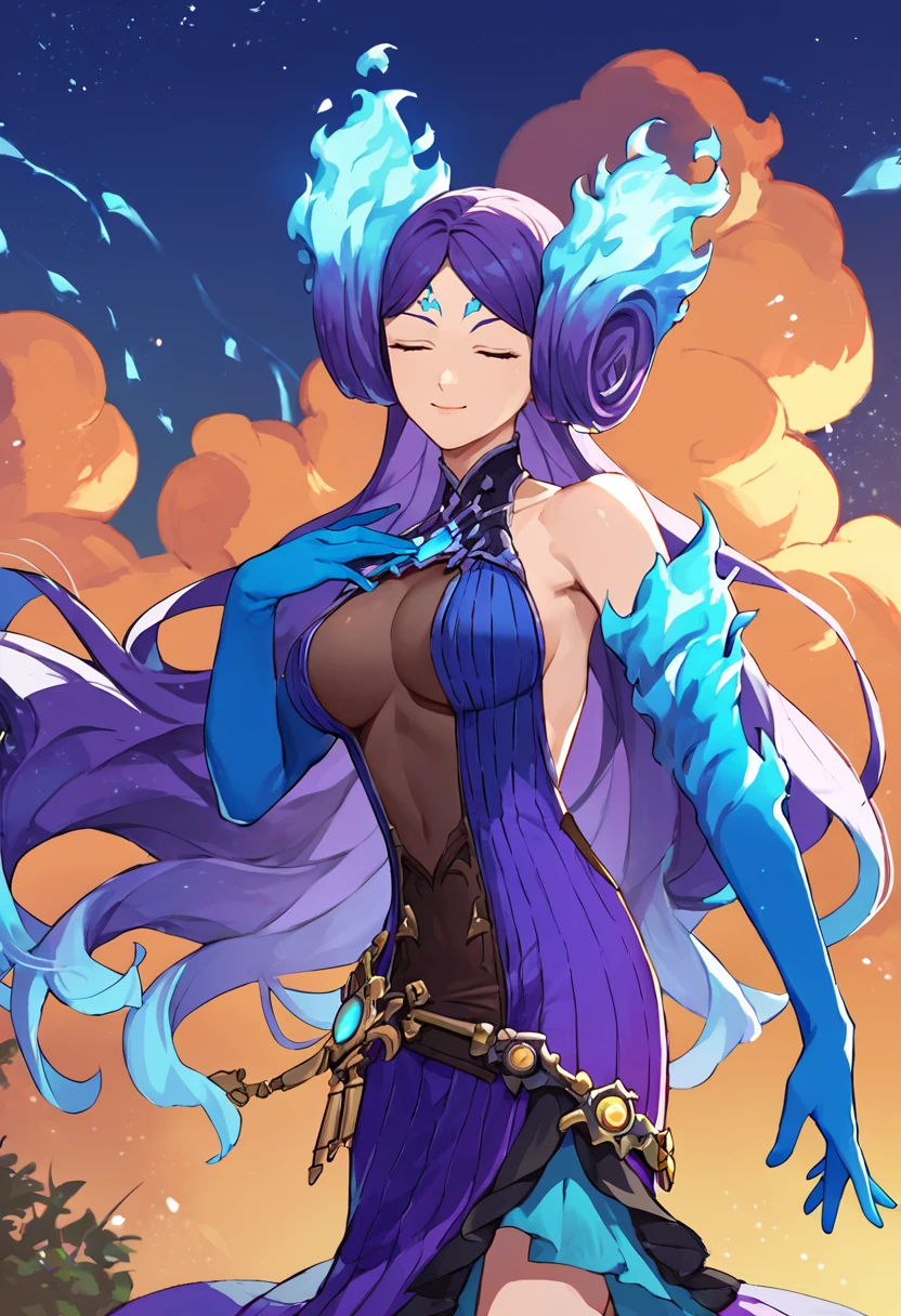 score_9, score_8_up, score_7_up, source_anime, solo, 1girl, brighid, slight smile, looking at viewer, standing, fiery hair, blue fire, closed eyes, purple dress, center opening, blue gloves, elbow gloves, bare shoulders, cleavage, outdoors <lora:xenoblade2_brighid_ponyXL:1>