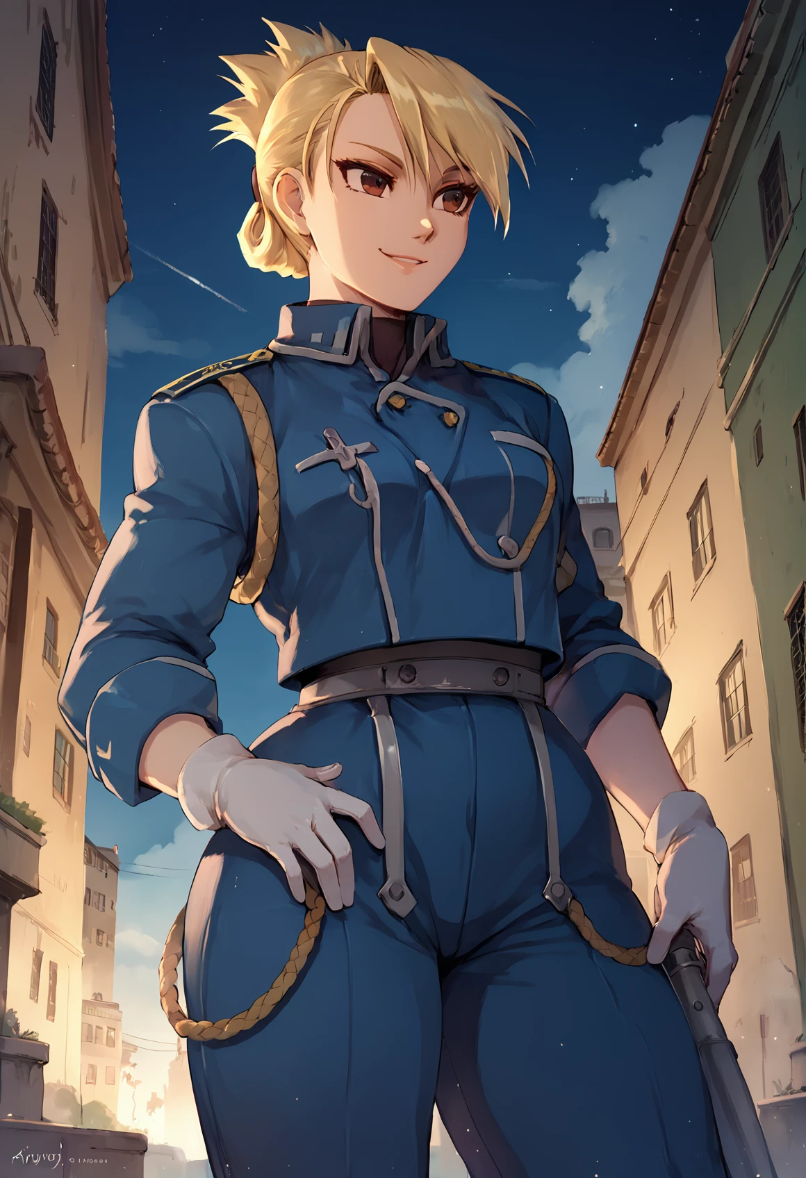 (score_9, score_8_up), score_7_up, zPDXL, Riza Hawkeye, 1girl, blonde hair, brown eyes, short hair, ponytail <lora:Riza_Hawkeye_XL_Pony:1>, blue uniform, blue pants, amestris military uniform, cowboy shot, outdoors, city, urban, night, white gloves, looking away, smile, <lora:merunyaa_style_ponyxl_v1_unet:0.95>, merustyle