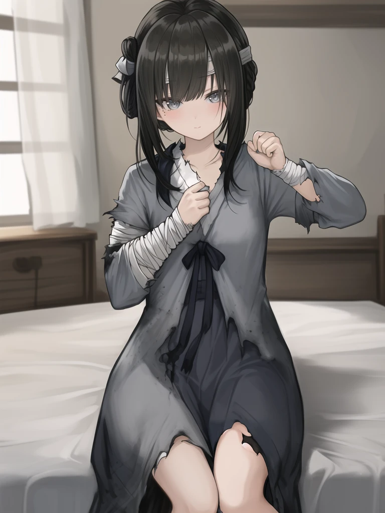((masterpiece))、((top-quality))、((Official art))、8K、very detailed illustration、Black hair、Short bob hairstyle、A detailed eye、(Mummy girl with white bandages from head to foot)、Loosely rolled bandage、((Mummified Girl))、Delicate body、((Dark look))、(Depressed look 1.5)、Professional Model Pose、glamor、seminude、Background in the dungeon