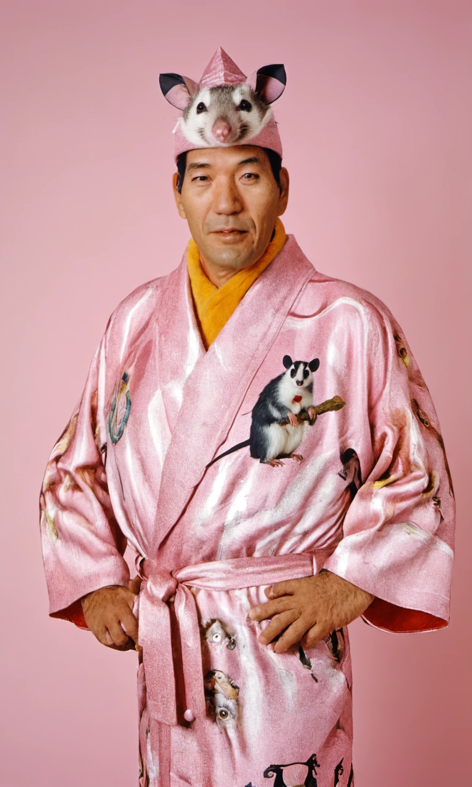 Kodachrome photo, A man wearing a pink robe with an opossum in a wizard hat printed on it <lora:Giant_Baba__ã¸ã£ã¤ã¢ã³ãé¦¬å ´:0.95>
, analog