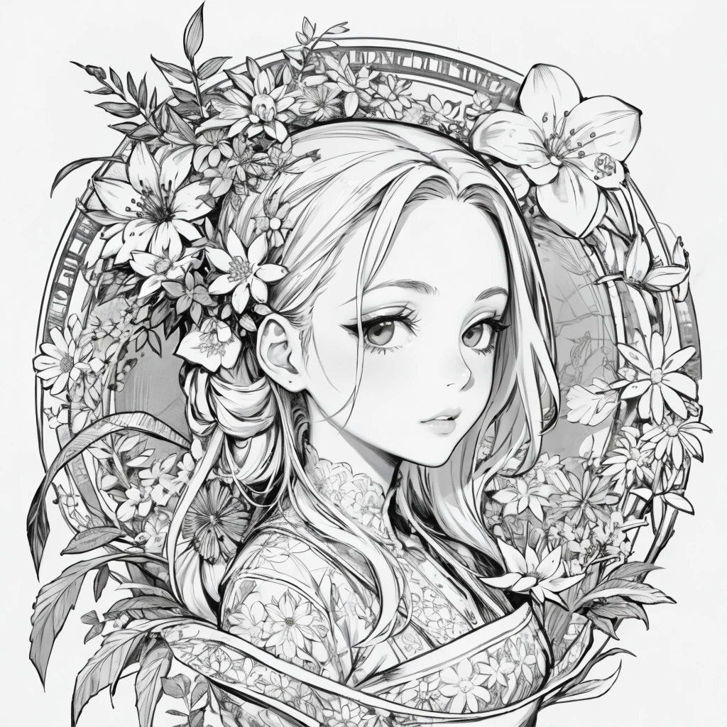 1girl, monochrome, lineart, long hair, abstract, flowers , leaf, whitework