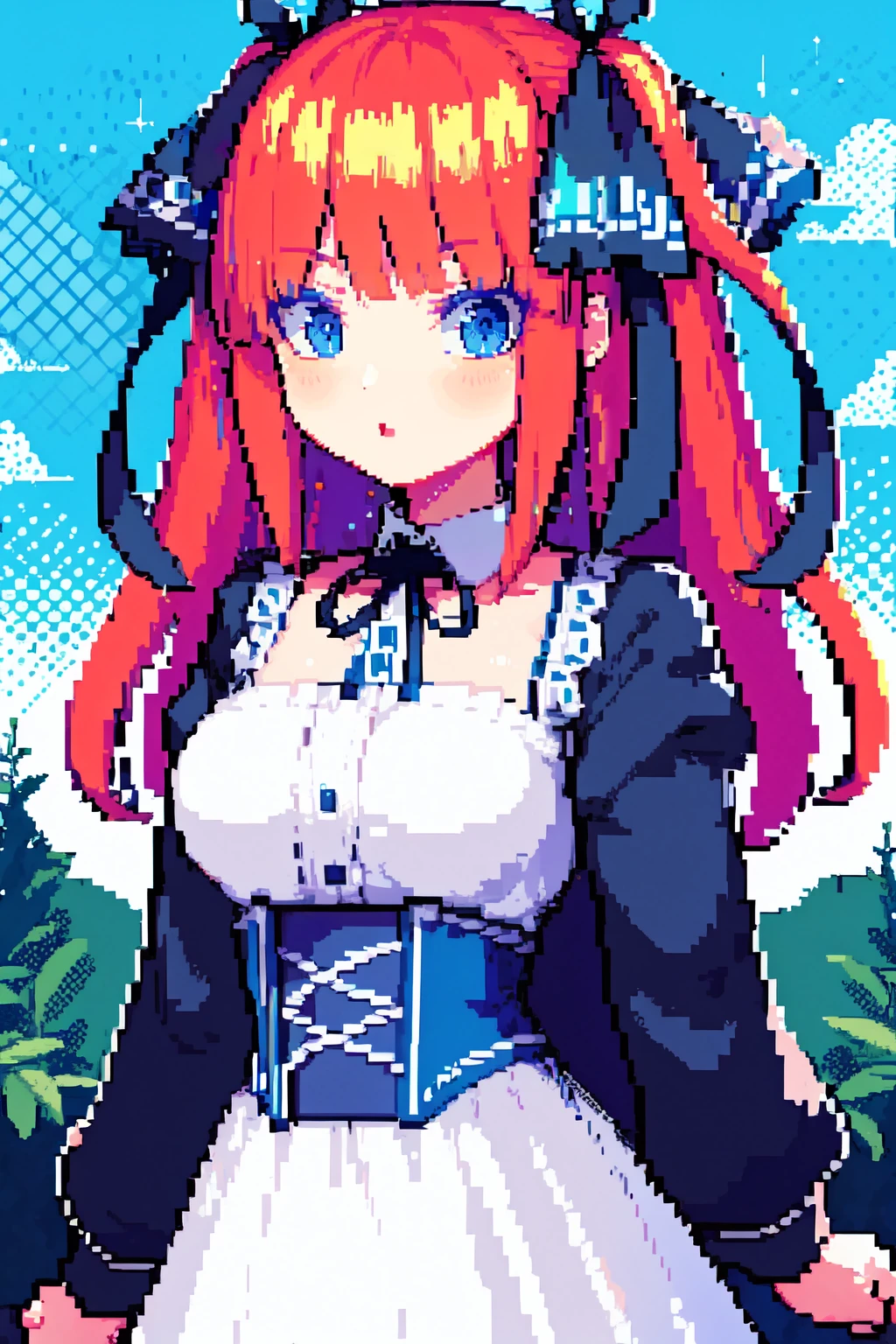 masterpiece, best quality,  1girl, <lora:Nino_Nakano_-_From_Quintessential_quintuplets:0.8> nakanonino, black ribbon, pixel art,