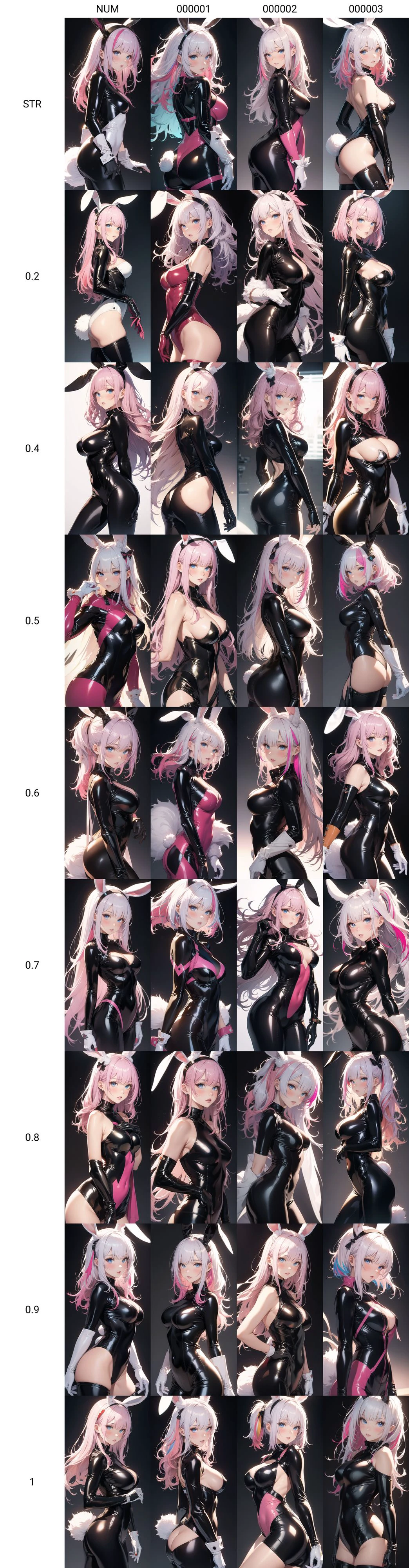 ultra-detailed,masterpiece,best quality,extremely detailed,sharp focus,portrait,illustration,
bunnygirl, 1girl, solo, animal ears, shiny clothes, long hair, rabbit tail, rabbit ears, latex, tail, gloves, bodysuit, shiny, white gloves, latex bodysuit, looking at viewer, breasts, black bodysuit, blue eyes, parted lips, blush, bangs, white hair, skin tight, simple background, black background, lips, pink hair, medium breasts, from side, cowboy shot, multicolored hair,  <lora:bunnygirl_20230810050138-0000000000NUM:STR>