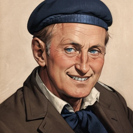 1boy, man, solo,( bourvil:1.2), looking at the viewer, focus on face, portrait, old, bald, smiling, teeth, ((beret)), simple background, formal, <lora:Bourvil:1>