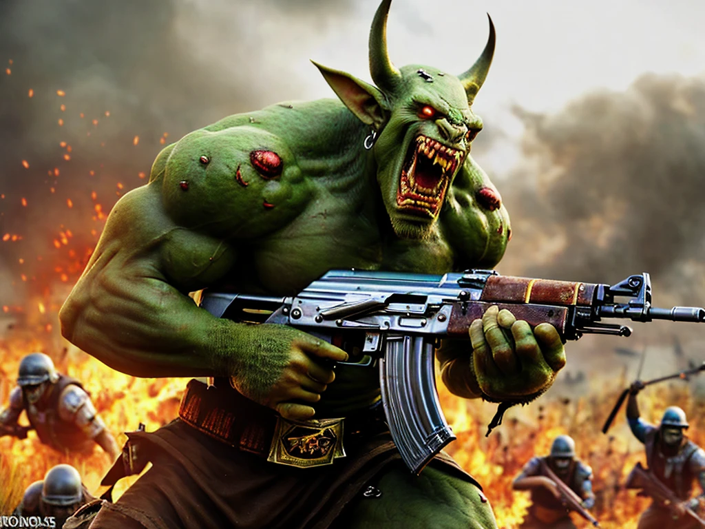 illustration of an angry ork holding an ak47 rifle, assault rifle, stylized character, on a battlefield, raging, red eyes, green skin, flames and destruction, concept art, digital art, masterwork, 4k, high resolution, dramatic lighting, action, cinematic