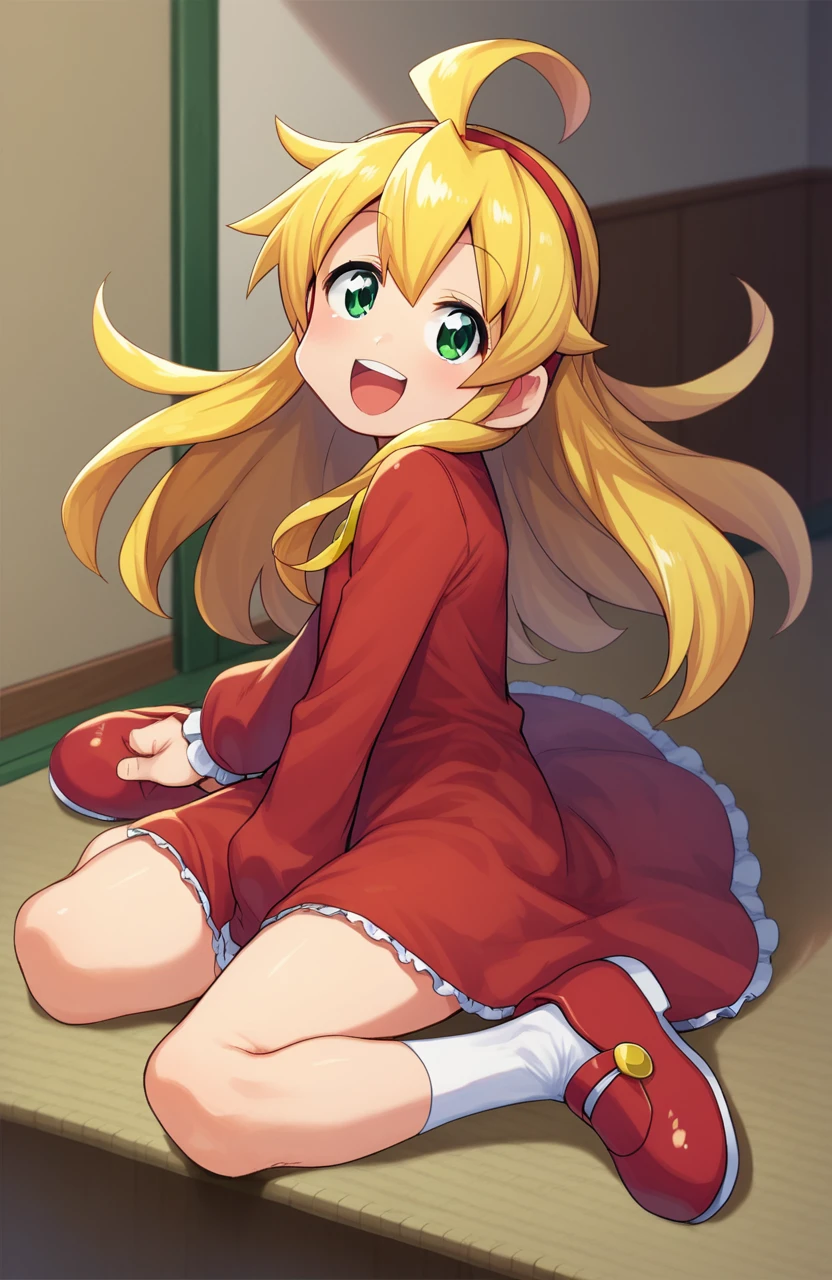 score_9, score_8_up, score_7_up, <lora:SatsukiItsukaStylebyRR:1>, satsukiitsukastylebyrr, satsukiitsuka,
Roll \(Mega_man\), blonde hair, green eyes, long hair, red dress, long sleeves, smile, happy,
1girl, solo, full body, posing, looking at viewer,
dynamic shot, indoors,