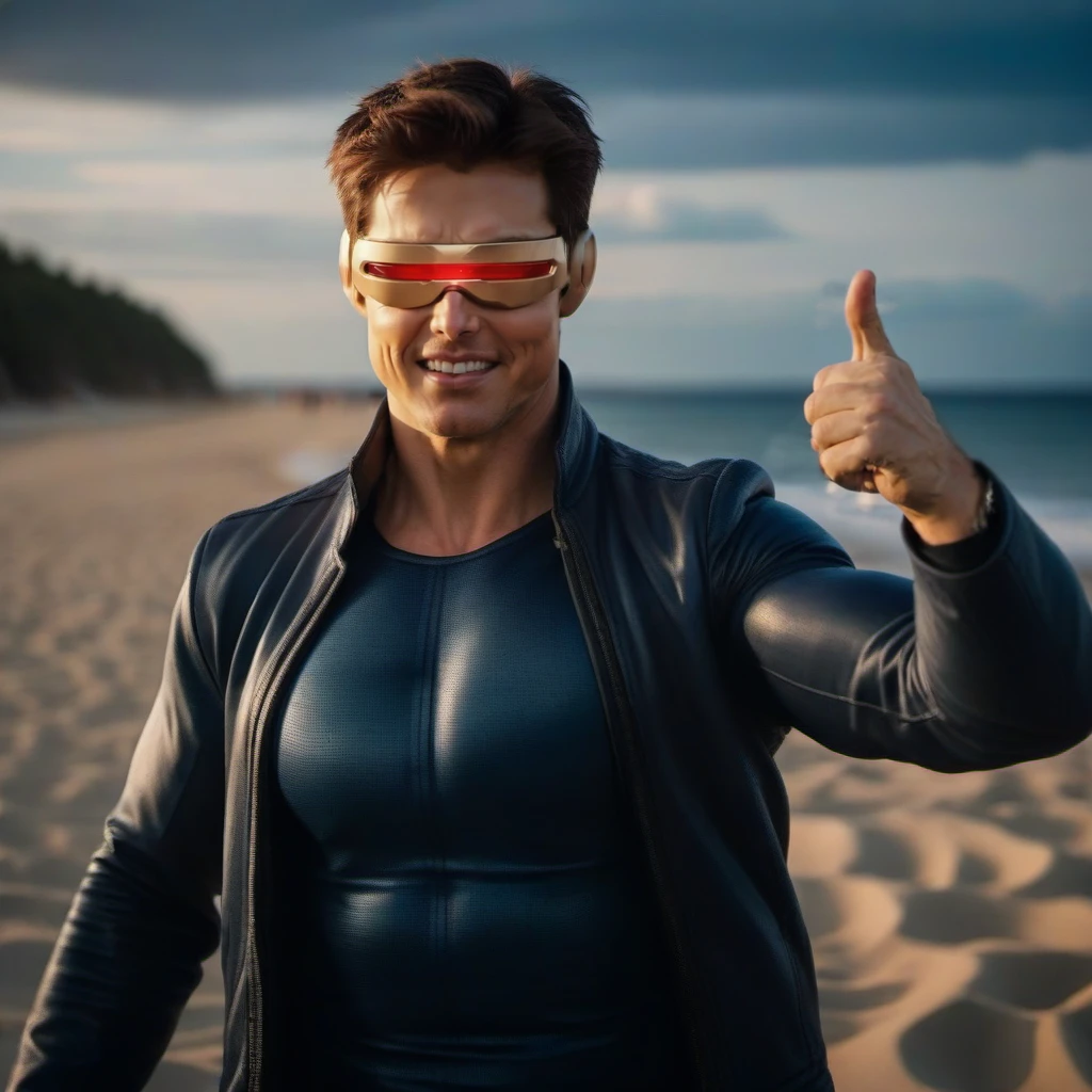 tom cruise is cyclops, thumbs up, laser beam eyes, beach  <lora:Cyclops1024:0.8>