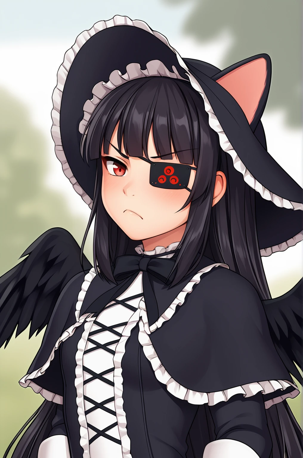 anime artwork, score_9, score_8_up, score_7_up, score_6_up, score_5_up, score_4_up, source_anime, BREAK, thick outline, fat outline,
Mirai_XL, long black hair, eyepatch, red eye, small breasts, BREAK, Mirai_Shinobi, frilled hat with cat ears, dress, frills, capelet, black wings, BREAK, outdoors, pout, (closeup:1.4),
<lora:Mirai_XL:0.7>
<lora:PersonalAmi_PonyXL:1.0>