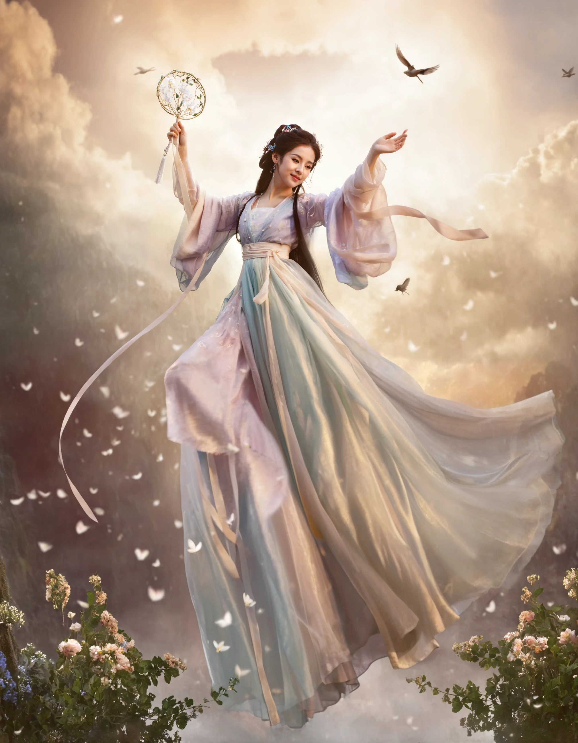 cinematic still detailed girl face,smile . emotional, harmonious, vignette, 4k epic detailed, shot on kodak, 35mm photo, sharp focus, high budget, cinemascope, moody, epic, gorgeous, film grain, grainy, This is a scene of an ancient Chinese fairy flying in the air, a young girl wearing a gorgeous robe, elegant posture, suspended in the air, long ribbons, accompanied by flowers, surrounded by clouds, and a few birds, mixed style, clear sunlight, detailed girl face,smile, pretty, fine detail, dramatic light, cinematic, background, elegant, intricate, highly detailed, complex, sharp, focus, professional color, very beautiful, cute, magical, enchanted, glowing, confident, illuminated, inspired, famous, colorful, transparent, best,, winning, perfect, romantic, thoughtful, artistic, loving, charming