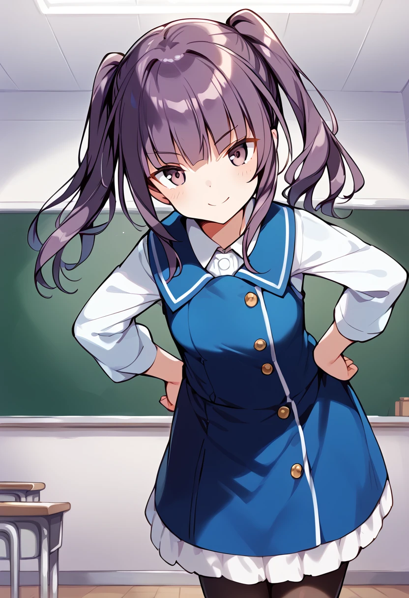 score_9, score_8_up, score_7_up, source_anime BREAK
ichijou ayaka, st-amalthea school uniform, 1girl, solo, twintails, purple eyes, purple hair, smile, looking at viewer, black legwear, eyebrows visible through hair, hands on hips, blue dress, long hair, closed mouth, white shirt, frills, sidelocks, leaning forward, cowboy shot, buttons, school uniform, shiny hair, frilled dress, blunt bangs, collared shirt, small breasts, sleeveless dress, shiny, medium hair, standing, blue skirt, blush, crossed arms, legs together, frilled skirt, double-breasted, short dress, two side up, light smile, wing collar, blue vest, short twintails, juliet sleeves, head tilt, eyebrows, hand on hip, hair between eyes, puffy long sleeves, hands on own hips, black pantyhose, pinafore dress, brown pantyhose, light blush, indoors, classroom
<lora:ichijou_ayaka_sdxl_pony_locon_v1:0.8>