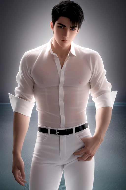 (((masterpiece))), (((best quality))), (extremely detailed), (best illustration), impasto, (((1boy))), cowboy shot, male focus, short hair, looking at viewer, male hair, ((beautiful detailed eyes)), (((white shirt))), (((black pants))), (blue eyes:0.4), ((black hair)), standing, stand in the water, (perfect face), (delicate facial features), ((slender body)), (long legs), ((white glowing skin)), wet, flush, detailed skin and body, toned male, rich background, sea, water