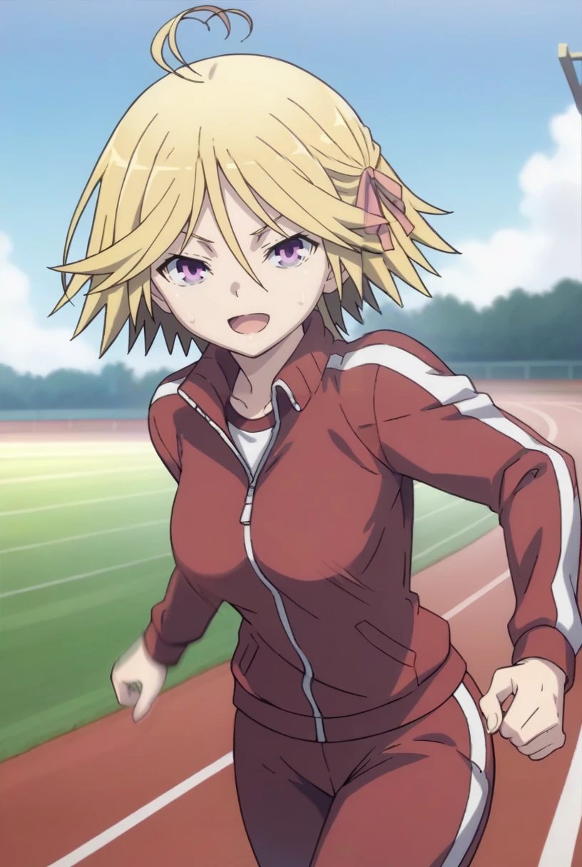 score_9, score_8_up, source_anime  BREAK solo, cowboy shot, looking at viewer,
<lora:MiraPdxlDwnsty-000008:1>, mira yamana, purple eyes, blonde hair, ahoge, hair ribbon, bow, white shirt, track jacket, red jacket, track pants, sweat, sweatdrop, motion blur, 
medium breasts, light smile, open mouth, heavy breathing, running, 
outdoors, grass, running track, blue sky,