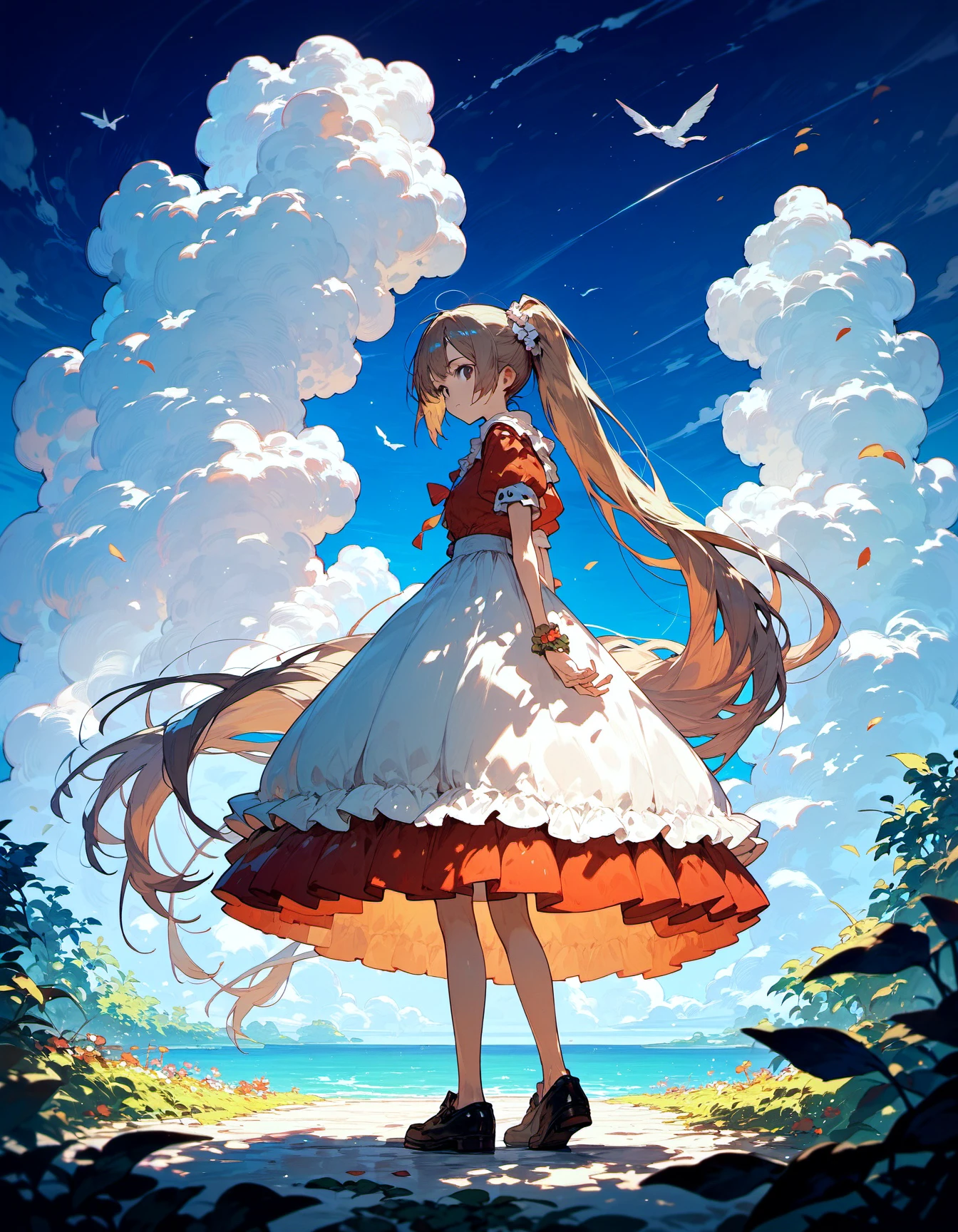 1girl,, ahoge, animal, bird, blue sky, brown hair, capelet, cloud, cloudy sky, dress, full body, gloves, long hair, looking at viewer, night, outdoors, ponytail, puffy short sleeves, puffy sleeves, red dress, short sleeves, sky, solo, standing, very long hair, white dress