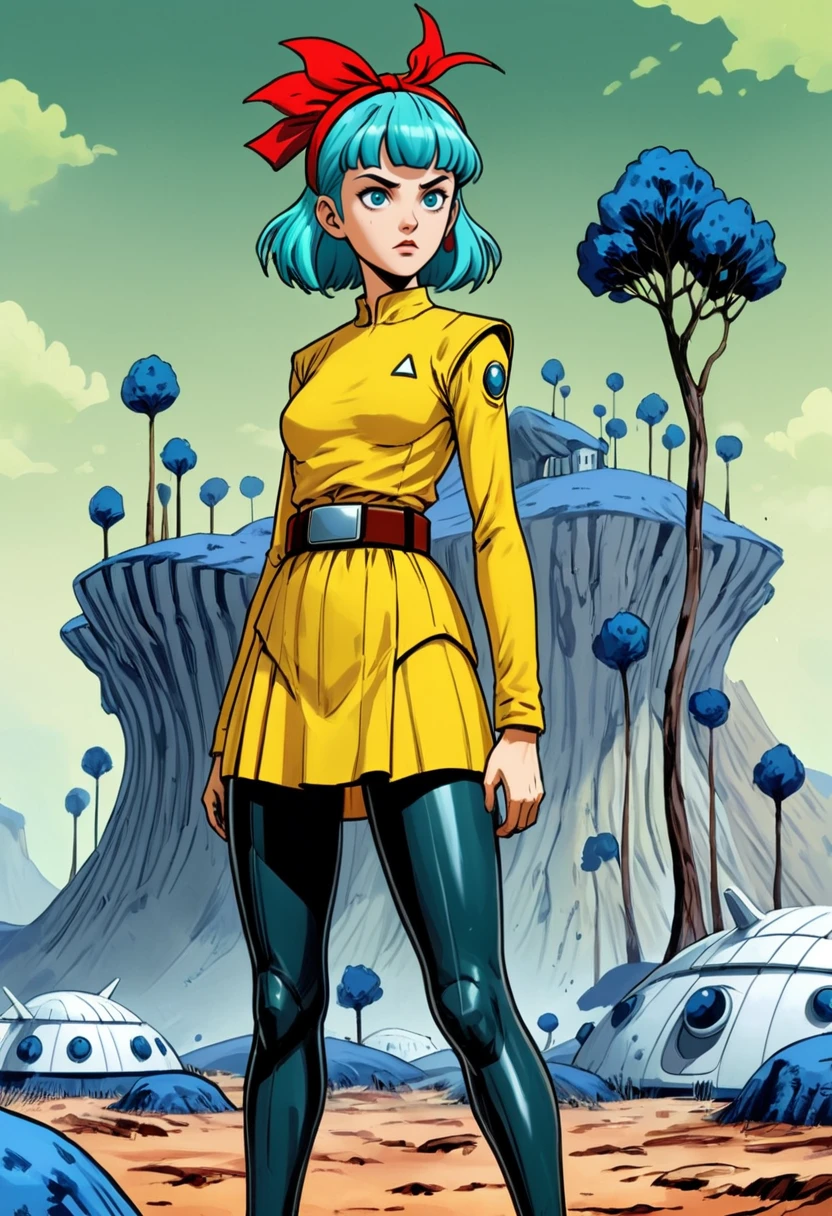 (graphic novel illustration, 2d:1.3), artwork, a girl with aqua hair,confident, (red lips:0.5), namek,blue grass, tree, green sky,building, blue eyes,plateau,hill,(yellow sci-fi clothes:1.2), belt,blunt bangs,red hairband,skirt,leggings  <lora:NamekXL32:1>