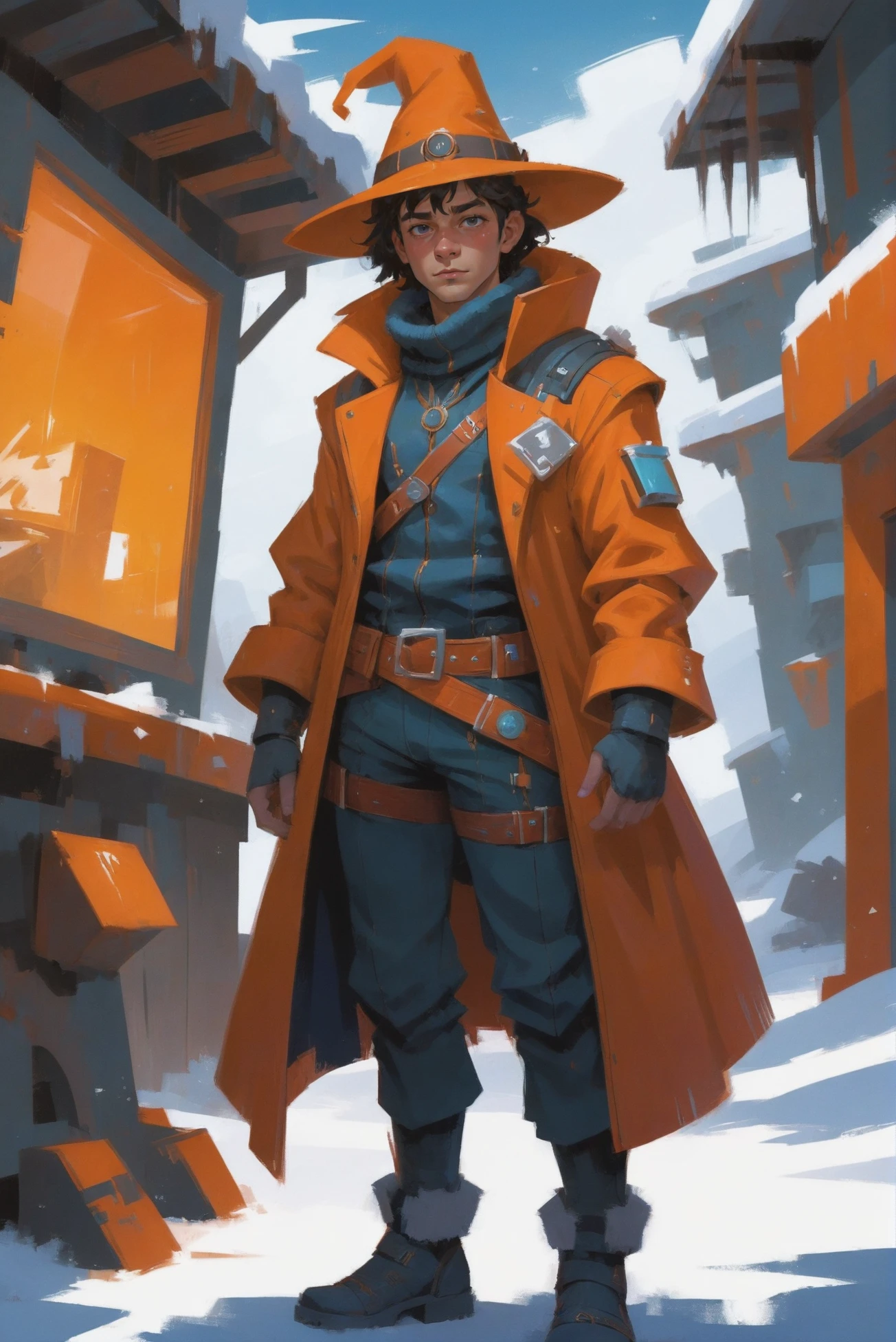 digital painting, (full body:1.2), 1boy, man, masculine, solo, [:fantastical costume design,:0.2] alchemist, funny hat, winter coat, caucasian, peru hair, (muscular:1) build, Portrait Gallery with Watching Eyes \(room\) in a a orange,cheerful scifi topia outside of reality, masterpiece<lora:EnvyStarlightDigitalPainting02:1>