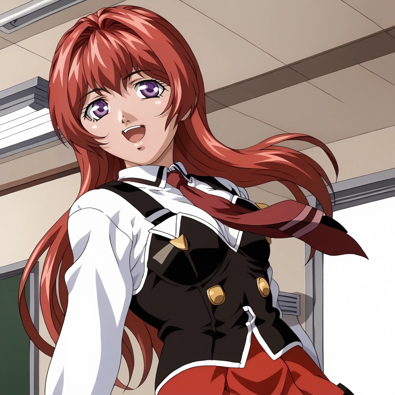 <lora:HirokoTakashiro12YAXLpony004>,smile,open mouth,
solo,
HirokoTakashiro12YA,1girl,red hair,mallet hair,purple eyes,
school uniform,white shirt,strap,vest,red tie,
red skirt,