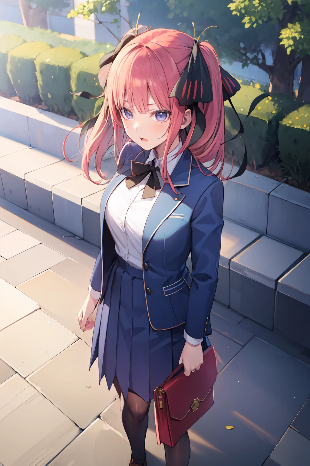 masterpiece, best quality,  1girl, <lora:Nino_Nakano_-_From_Quintessential_quintuplets:0.8> nakanonino, black ribbon, school uniform, blue jacket, handbag, outdoors, park, from above