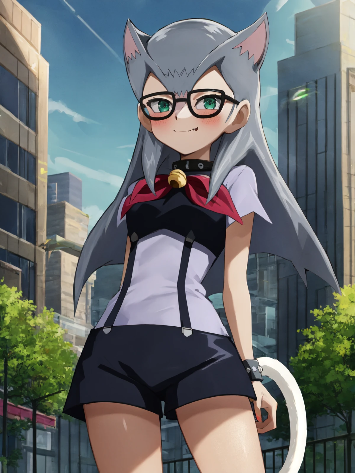 SLE, mksks style, detailed background absurdres, highres, cowboy shot, solo, 1girl, <lora:Cathy (Yu-Gi-Oh ZEXAL):1>, cathy, casual, standing, contrapposto, legs apart, arms behind back, looking at viewer, facing viewer, smile, fang out, blush, city, outdoors, buildings, lampposts, sunlight