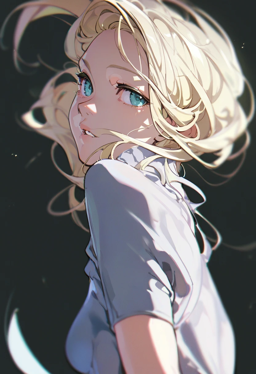 score_9, score_8_up, score_7_up, score_6_up, <lora:yoneyamaiXL_P6_lokr_V4236:0.95> 1girl, solo, blonde hair, black background, long hair, looking at viewer, simple background, upper body, blue eyes, parted lips, breasts, floating hair, from side, aqua eyes, medium breasts, shirt