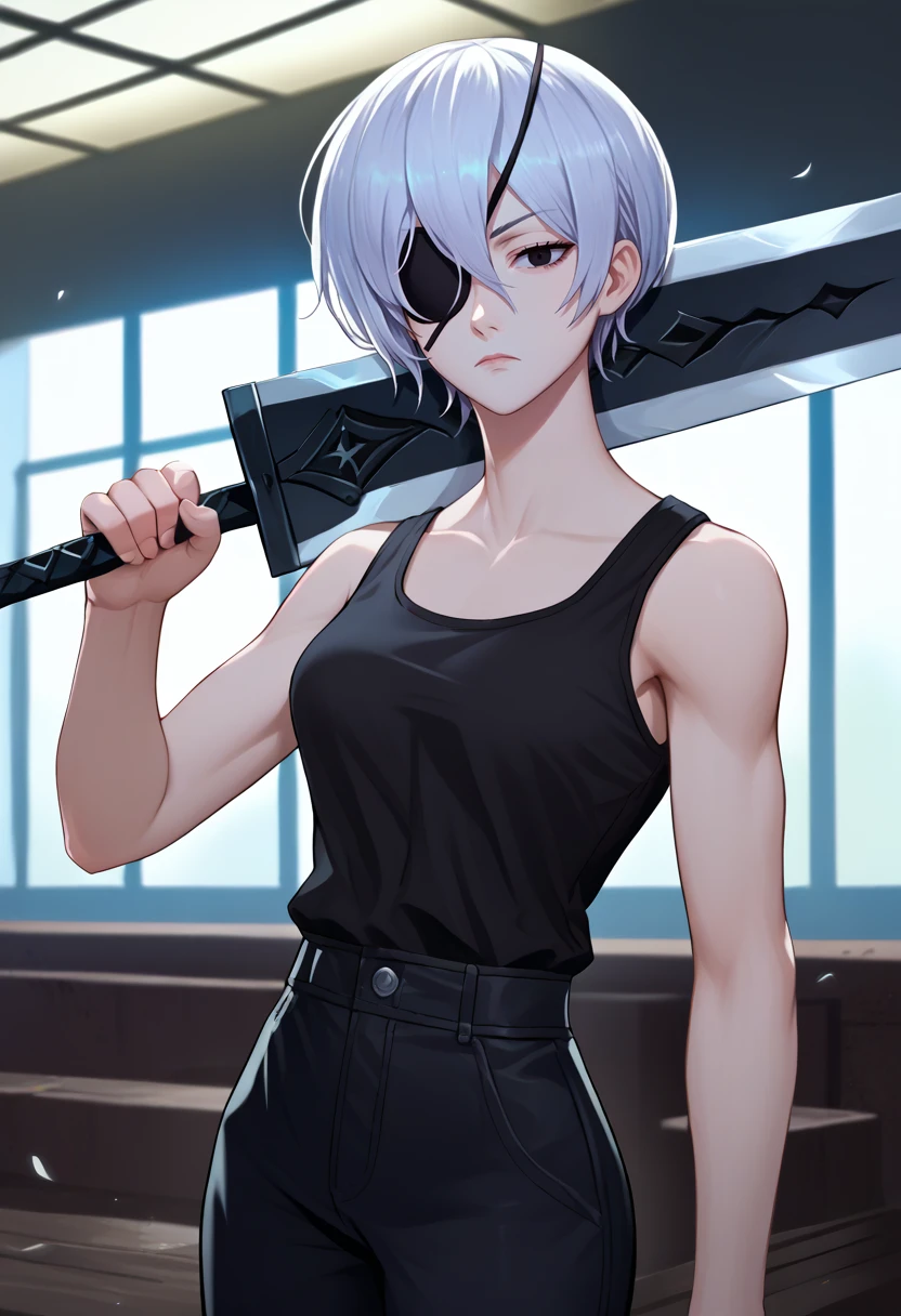 score_9, score_8_up, score_7_up, source_anime, solo, 1girl, csmquanxi, expressionless, looking at viewer, weapon over shoulder, holding weapon, holding sword, white hair, black eyes, eyepatch, black tank top, black pants, bare shoulders, indoors <lora:concept_overshoulder_ponyXL:1> <lora:csm_quanxi_ponyXL:1>