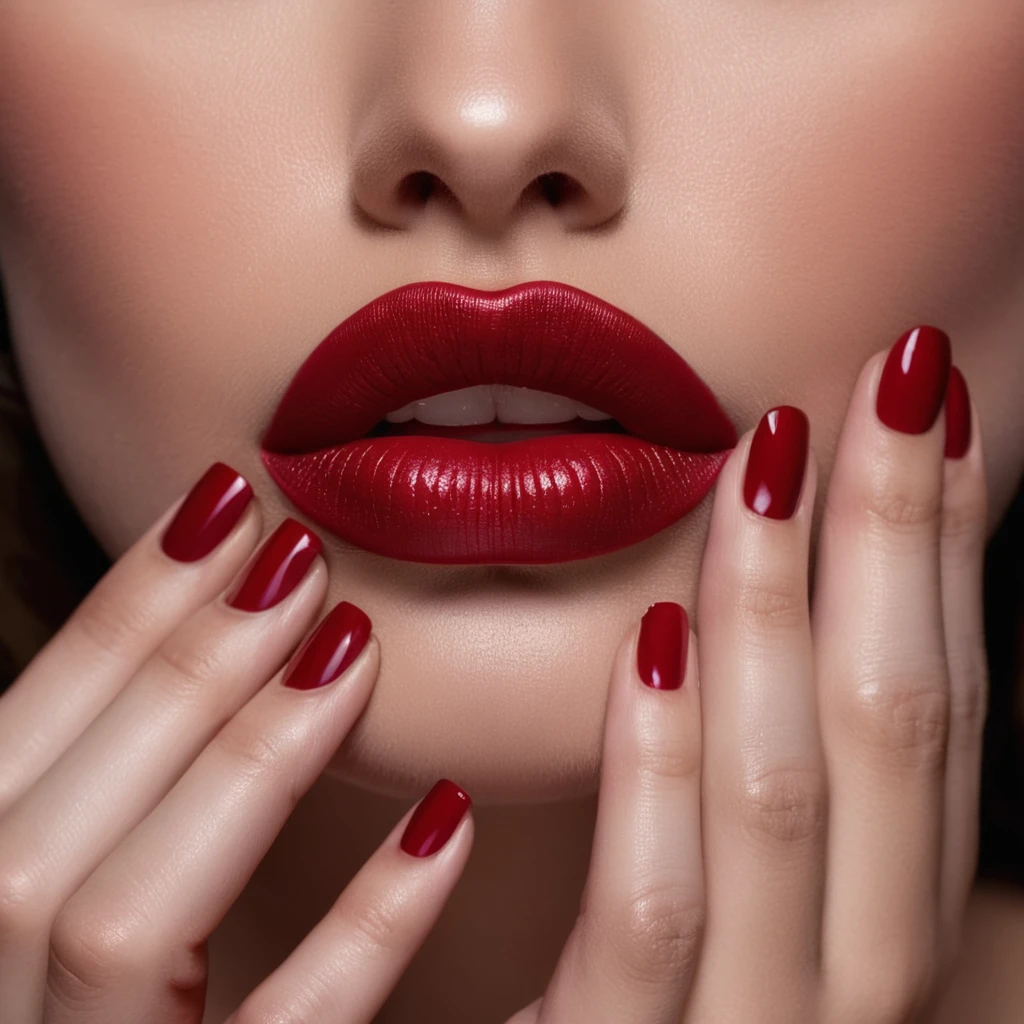 cinematic film still of <lora:perfection style:0.1>
<lora:detailed:0.3>
<lora:Chiaroscuro Lighting Style:0.3>
A detailed and A perfect photo of a closeup of a woman with a red lip and a burgundy manicure hand nails on her lips,hand focus,cinematic hand,best hand,better hand,awesome hand,different hand,1girl,solo,brown hair,parted lips,teeth,nail polish,lips,fingernails,makeup,lipstick,red nails,close-up,realistic,red lips,nail art,perfection,different color,perfect color,realistic,realism,detailed background,perfect background,different background ,perfect style, perfection style, detailed style, shallow depth of field, vignette, highly detailed, high budget, bokeh, cinemascope, moody, epic, gorgeous, film grain, grainy