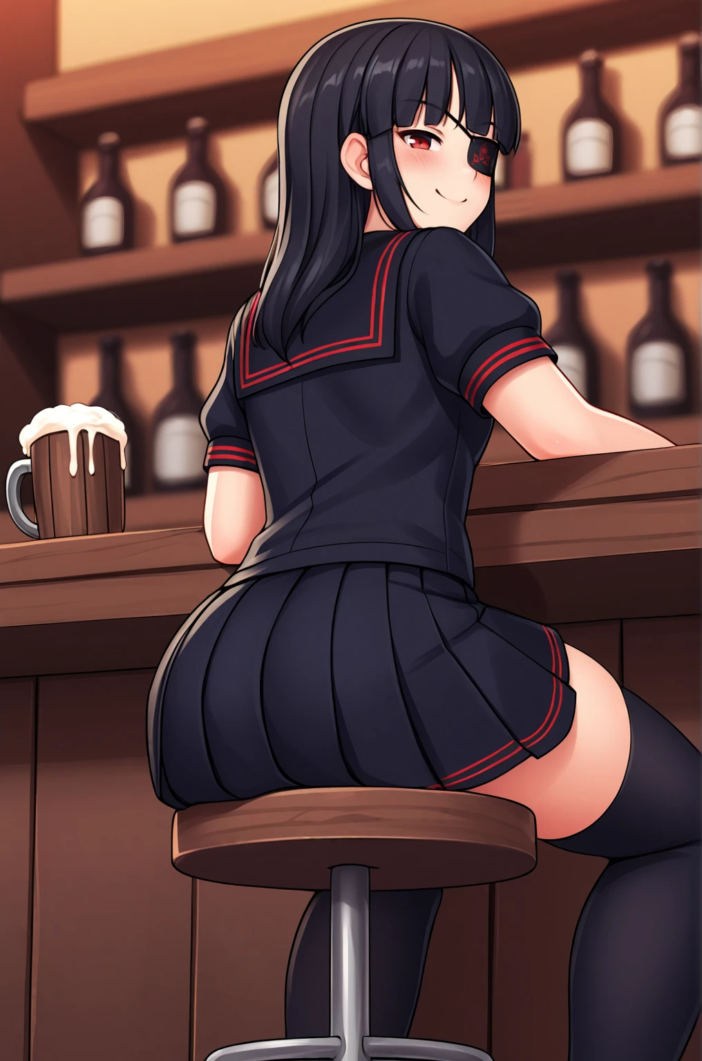 anime artwork, score_9, score_8_up, score_7_up, score_6_up, score_5_up, score_4_up, source_anime, BREAK, thick outline, fat outline,
Mirai_XL, long black hair, eyepatch, red eye, small breasts, BREAK, Mirai_hebijo, school uniform, black sailor collar, black tie, black serafuku, black shirt, black pleated skirt, short sleeves, black legwear, brown loafers, BREAK, blurry background, tavern, cowboy shot, sitting on bar stool, ass, from below, behind, looking back, smirk, blush,
<lora:Mirai_XL:0.7>
<lora:PersonalAmi_PonyXL:1.0>