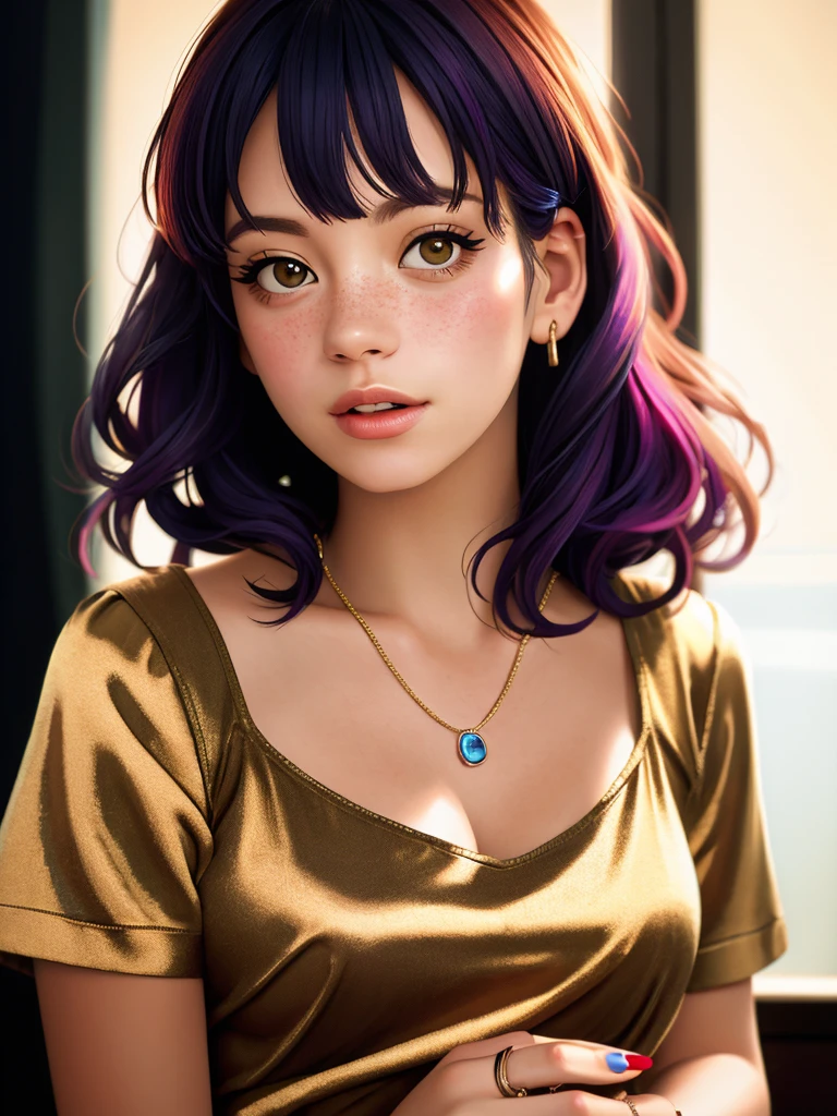 Realistic photo of a beautiful l1ly4 woman,1girl, solo, looking at viewer, bangs, shirt, jewelry, upper body, multicolor hair, parted lips, necklace, nail polish, mole, blurry, bracelet, lips, ring, mole under mouth, freckles, realistic, soft lighting, professional Photography, Photorealistic, detailed, RAW, analog, sharp focus, 8k, HD, DSLR, high quality, Fujifilm XT3, film grain, award winning, masterpiece<lora:l1ly4:1.0>