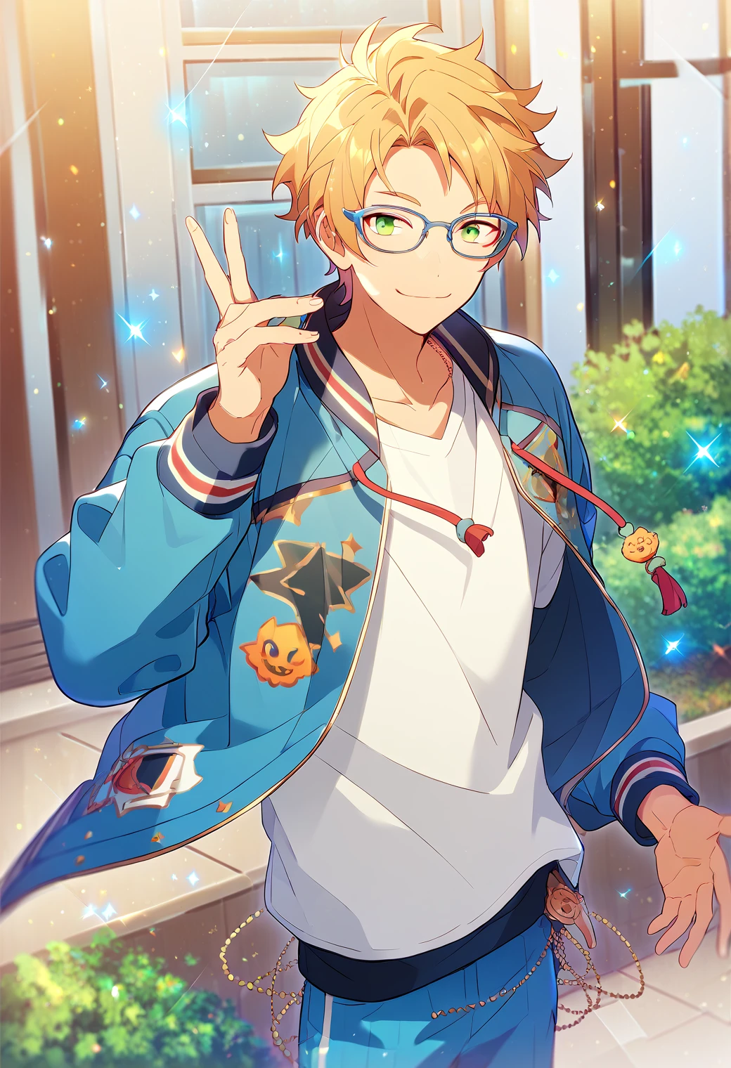 score_9, score_8_up, score_7_up, score_6_up, score_5_up, score_4_up, best quality, amazing quality, best aesthetic, absurdres, solo,makoto yuuki, blonde hair, green eyes, glasses, blue open jacket, blue pants, white shirt<lora:EMS-357109-EMS:1.000000>