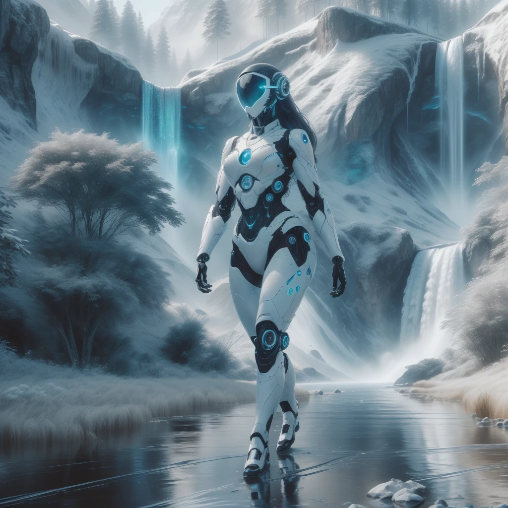 <lora:PurityTech-30:0.8> PurityTech, scifi, text and digits, sterility , 
synthetic girl, tall female,  , full body, on a hill, waterfall , long hair, hair flowing ,  epic scenery,walking, closeup,