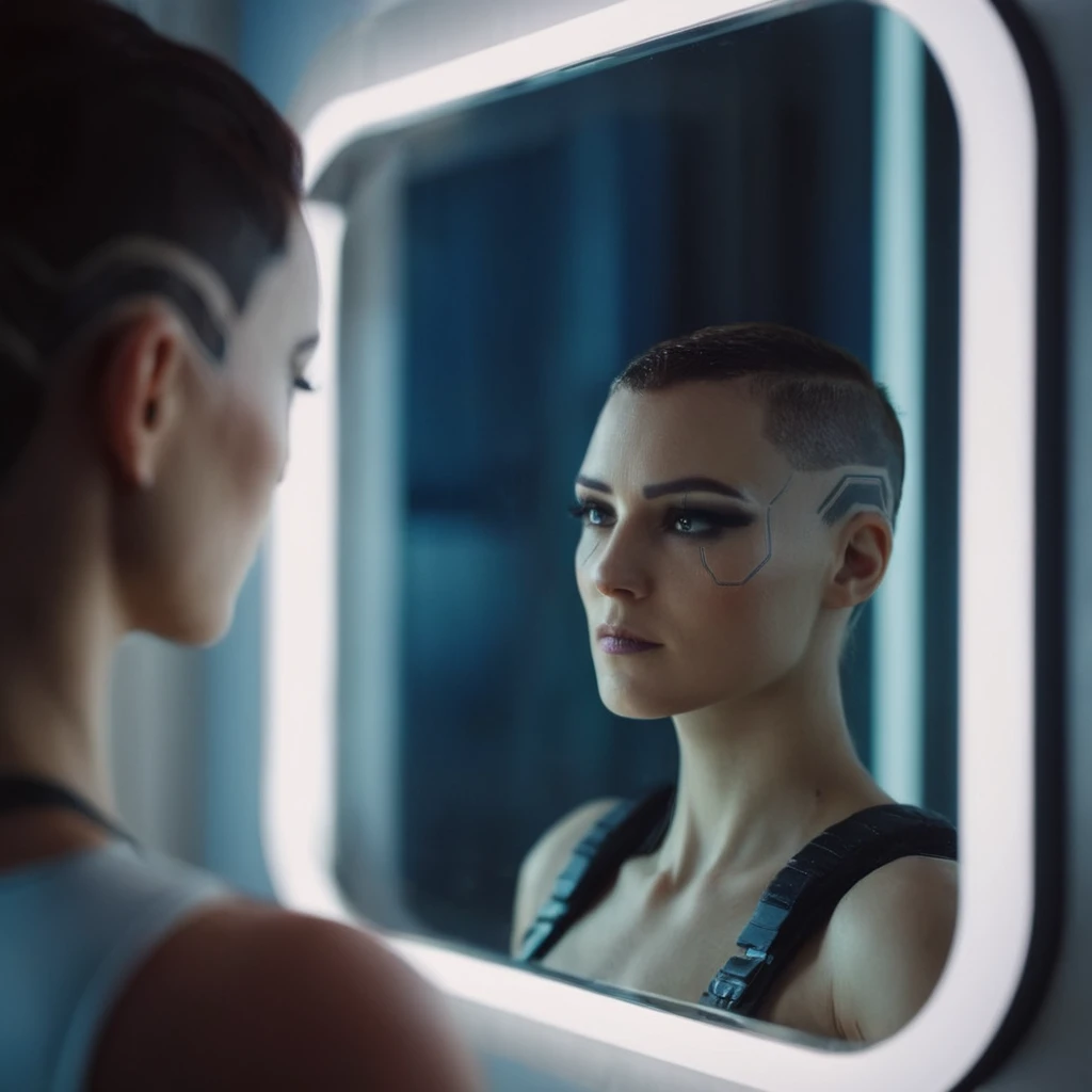 cinematic film still of <lora:perfection style:0.3>
<lora:detailed:0.1>
<lora:Chiaroscuro Lighting Style:0.3>
<lora:cyberpunk style v2:0.8>
<lora:Cyberpunk Style:0.1>
In Cyberpunk city a baldwoman in a futuristic suit looking at herself in a mirror, shallow depth of field, vignette, highly detailed, high budget, bokeh, cinemascope, moody, epic, gorgeous, film grain, grainy
