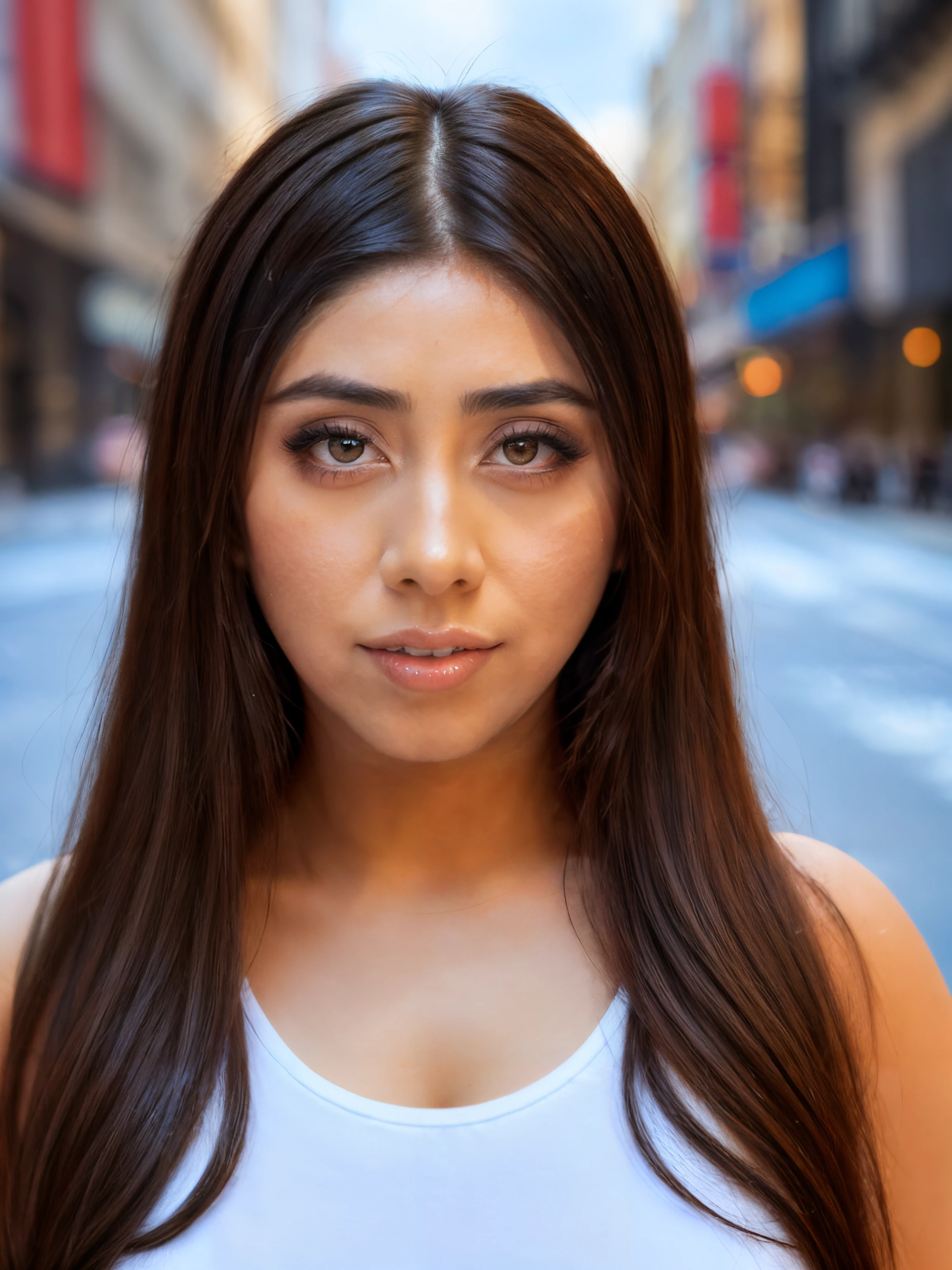 closeup portrait a beautiful woman, viomyers, long perfect hair, wearing a white tank top, new york city street, afternoon, dramatic clouds,,,, soft shadows, cinematic, DSLR, Canon EOS D600, film grain,  <lora:viomyers-000007:1>,  <lora:add_detail:0.6>