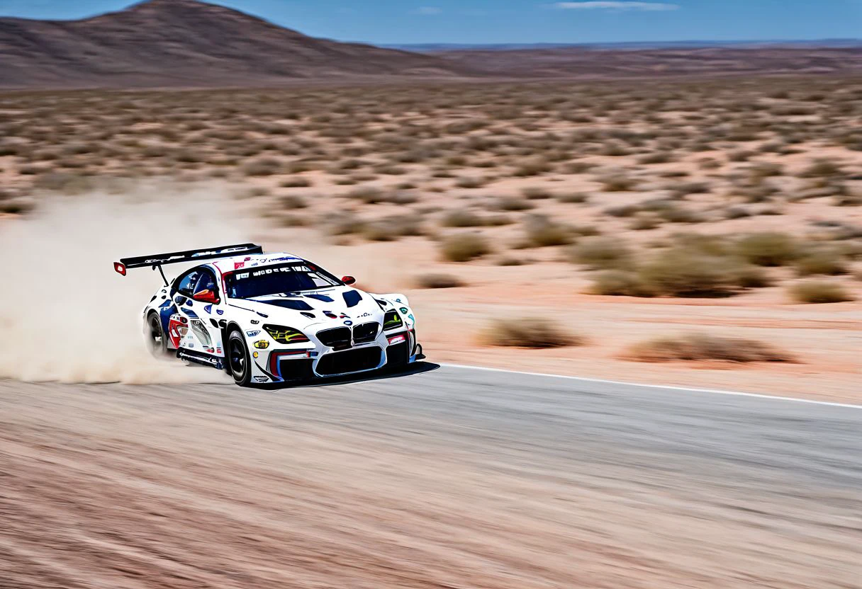 An exhilarating digital print background showcasing the BMW M6 GTLM F13 blazing through the rugged terrain of an off-road track in Mexico. The powerful GTLM car dominates the scene, kicking up clouds of dust and dirt as it tackles sharp turns and steep inclines with unmatched agility and speed. Surrounded by the breathtaking natural beauty of the Mexican landscape, with towering cacti, rocky cliffs, and dusty trails stretching into the horizon, the M6 GTLM F13 carves its path with precision and determination. With every detail of the car and the landscape rendered in stunning clarity, this dynamic background captures the thrill of off-road racing and the raw power of the BMW M6 GTLM F13 in its element, masterpiece, (best quality:1.5), UHD, HDR, 4K, retina, ultra-wide angle, far shot