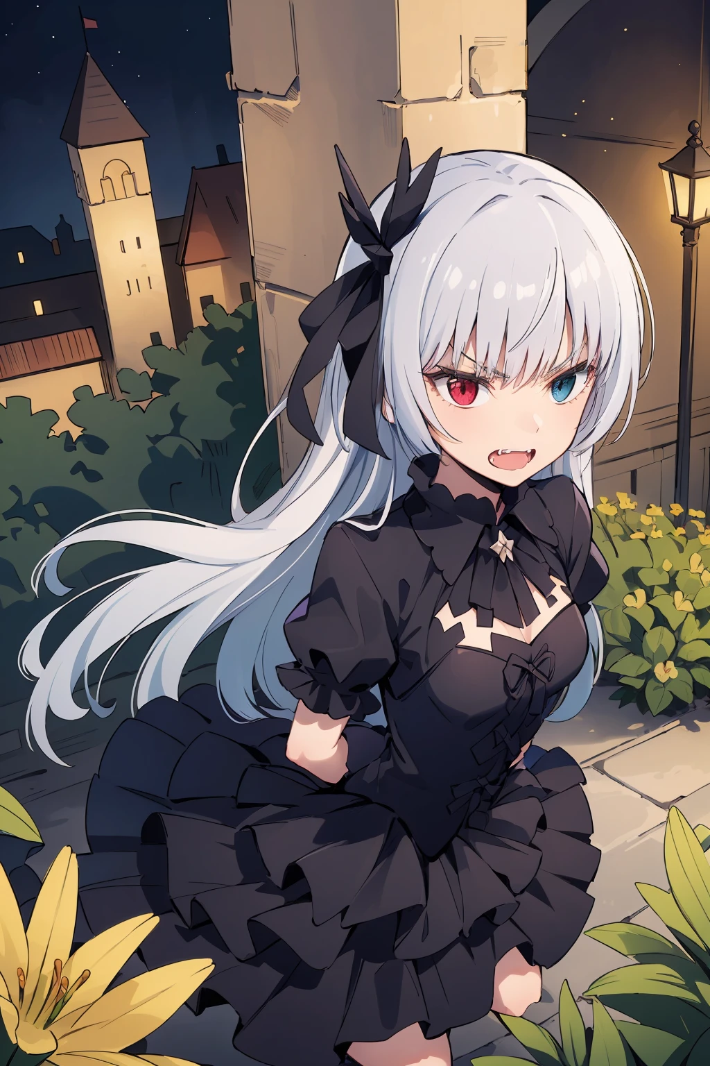 (masterpiece,best quality:1.3),1girl,luminous,(night:1.4),silver hair,heterochromia,long hair,small breasts,fangs,outdoors,<lora:luminous-000048:0.6>,(flower:1.2),lily \(flower\),garden,(castle:1.2),luxury crystal castle,angry,black hair accessory,from above,