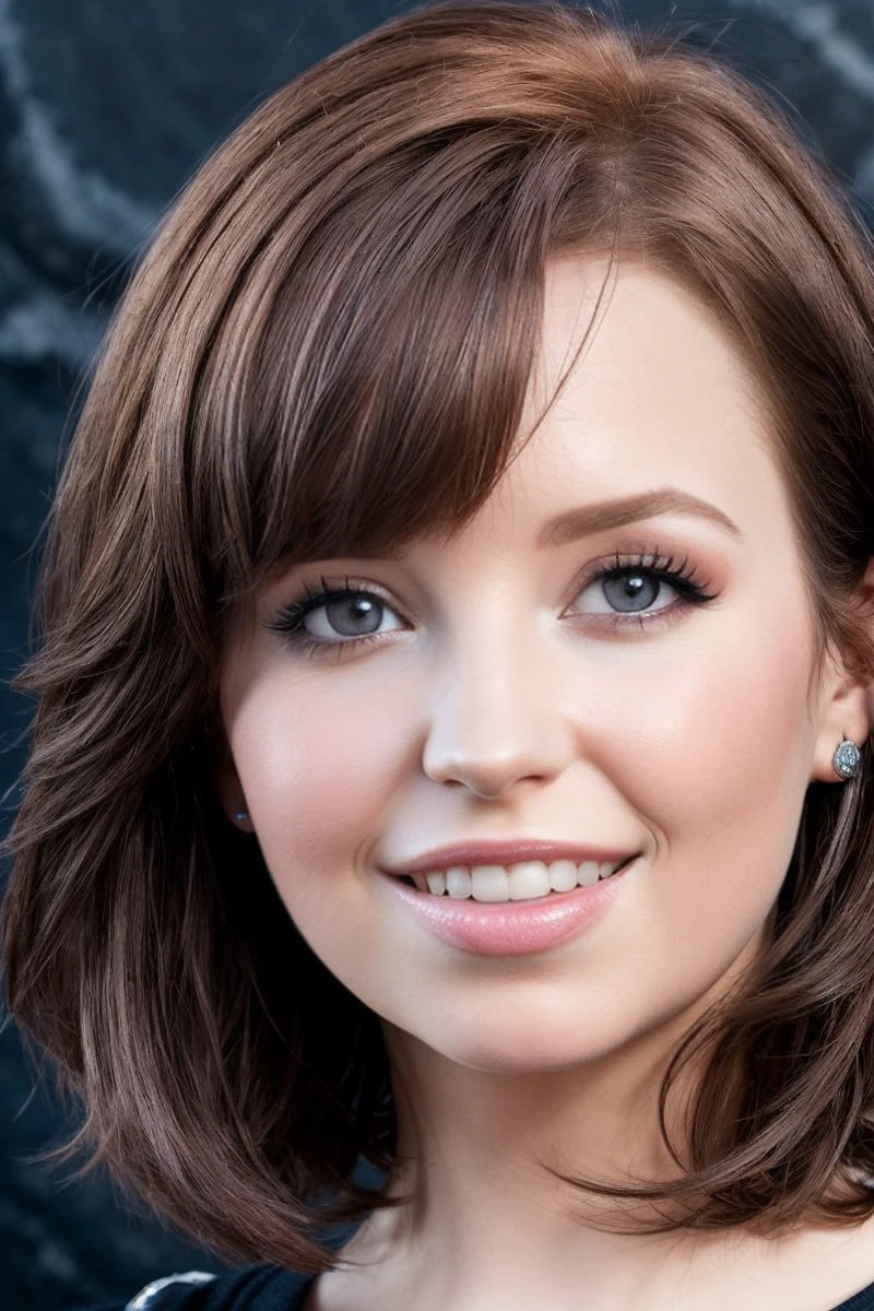 closeup headshot of S394_HaydenWinters,an attractive woman,in front of a (black_gemstone-wall:1.1),wearing a (crewneck:1.1),(smiling),(4k, RAW photo, best quality, 50mm, depth of field, ultra high res:1.1),(intricate, photorealistic, cinematic-shot, masterpiece, ultra-detailed:1.1),