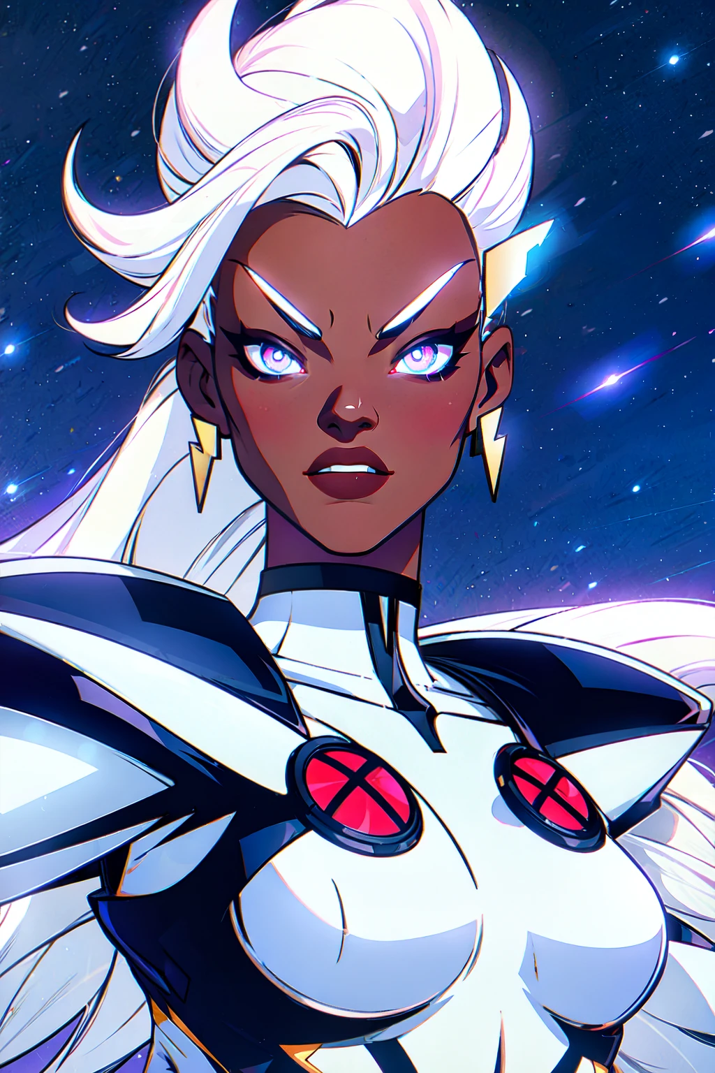 <lora:B0D0CA0A29:0.65> storm97, ororo monroe, an african woman, hentai illustration, white mohawk hair. ((5-in her best photo). white xmen outfit with red x logos on the suit), ((5-amazing starry night background)). ((7- Ororo's eyes are glowing solid white, ((no pupils no iris:1)),  with electricity coming out of them)), focal blur