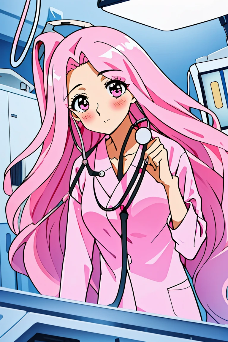 (RAW photo, best quality), (1girl), operating room, overhead surgical light,blurred background, focused,
 <lora:Akiko_Hominitsu_3D18_V1.0:0.8> akiko hoministu, 3dcg_18,pink_hair,pink_eyes,long_hair, 
<lora:Stething_V1.0:0.6> stething, stethoscope, holding,